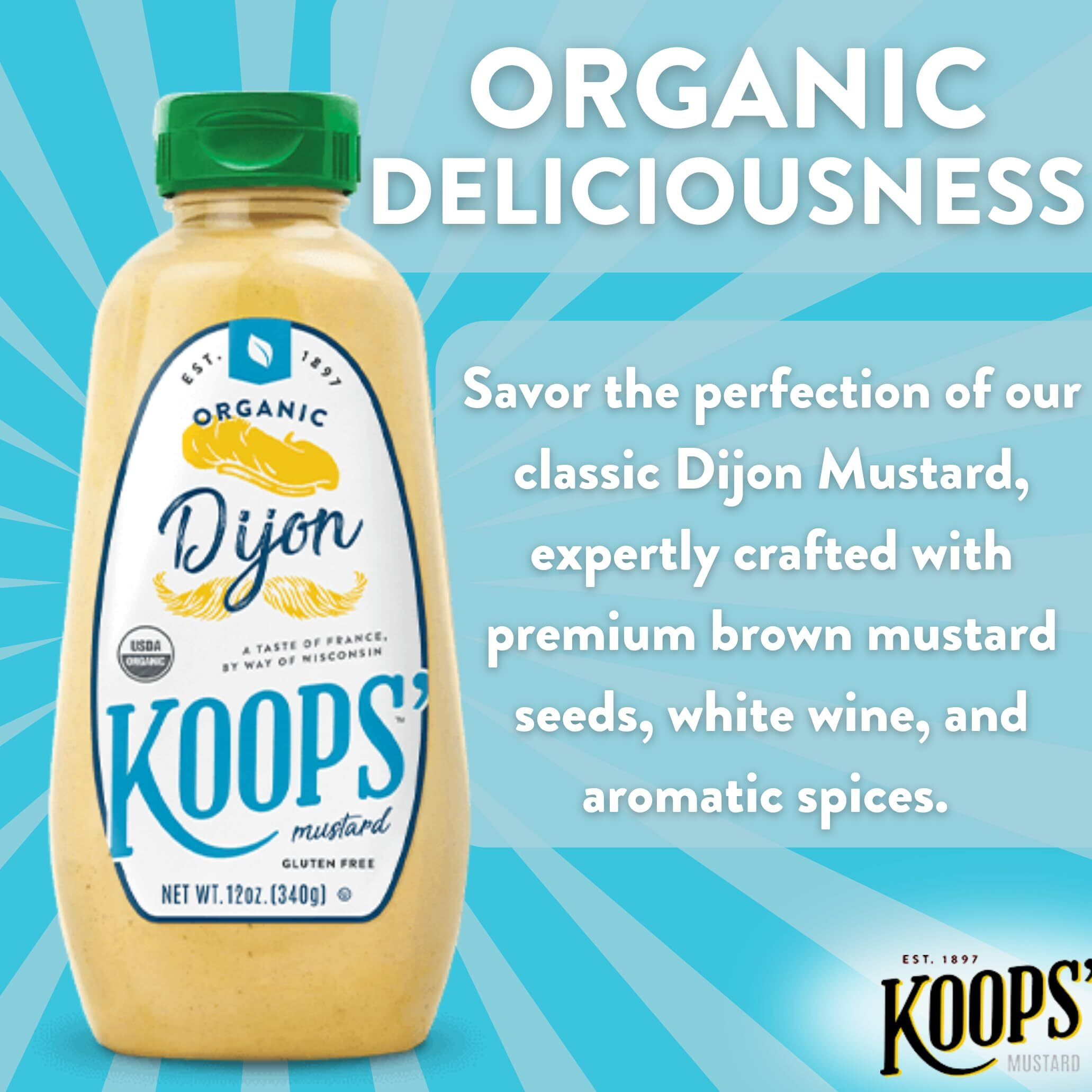 Koops' Organic Dijon Mustard - Dijon Seasoning, Gluten-Free, Kosher, Non-Gmo, Usda Certified Organic Mustard Sauce, Made In The Usa, From Quality Mustard Seeds- 12 Oz, Pack Of 4