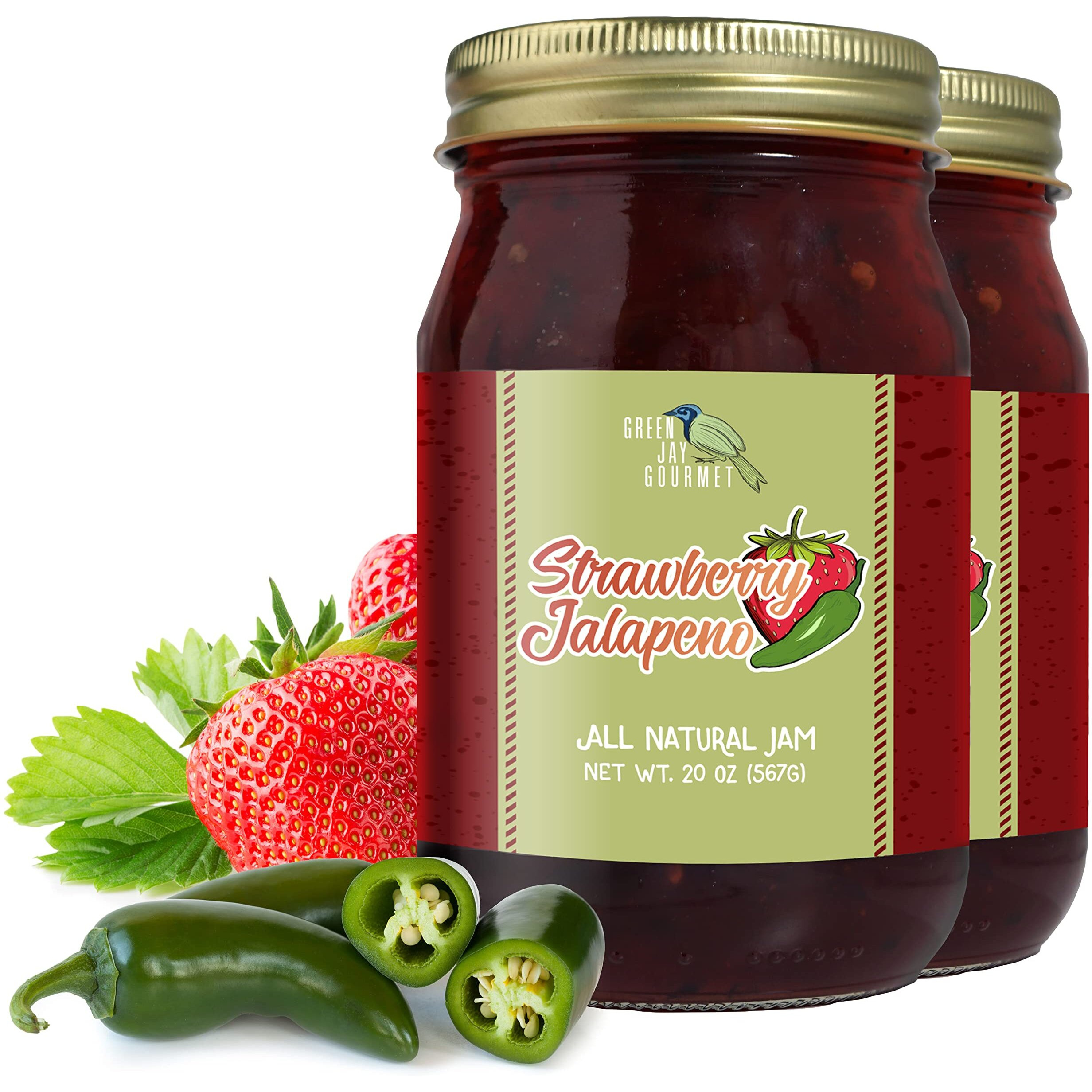 Green Jay Gourmet Strawberry Jalapeno Jam - All-Natural Strawberry Jam With Fresh Strawberries, Jalapeno Peppers & Lemon Juice - Vegan, Gluten-Free Jam W/ No Preservatives - Made In Usa - 2 X 20 Ounce