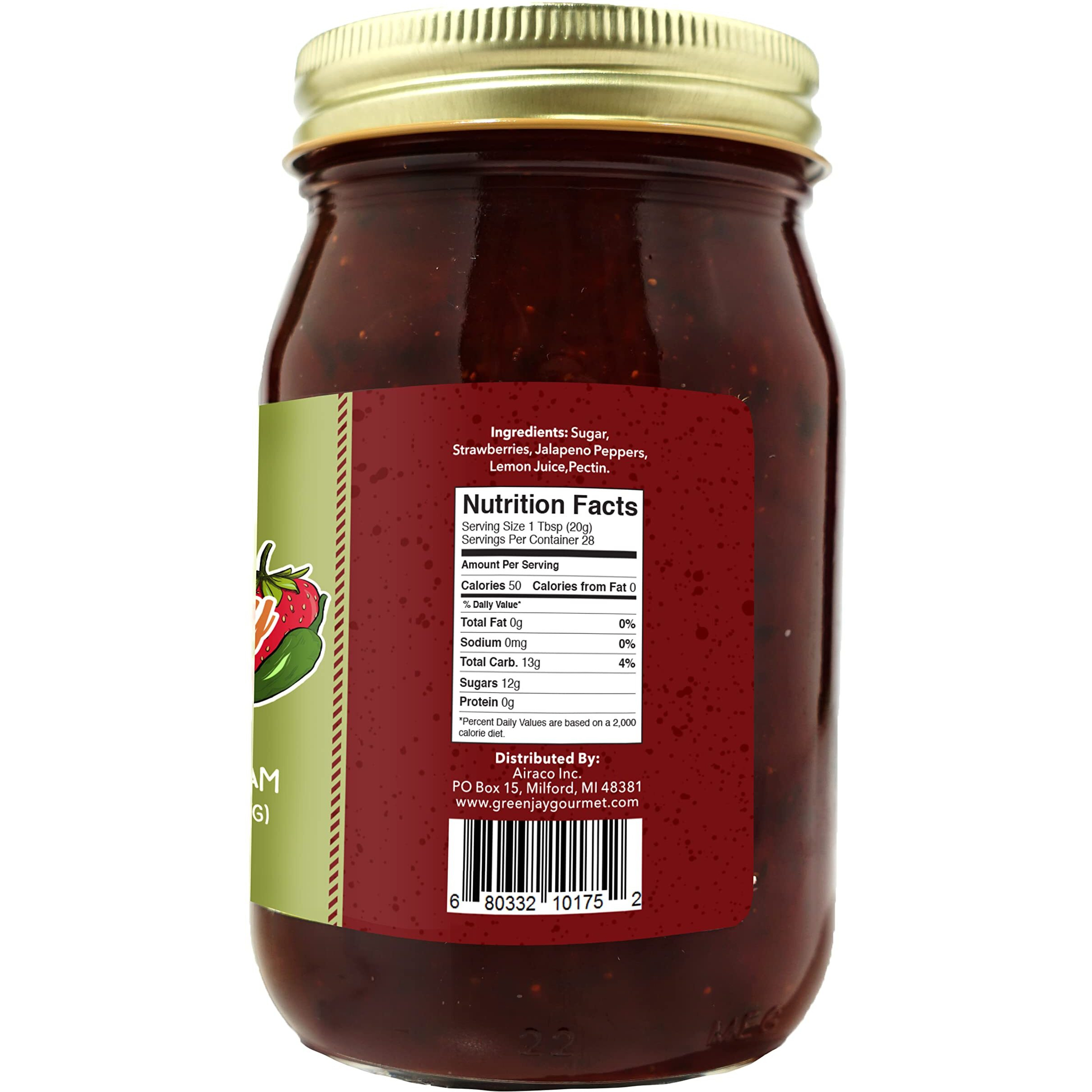 Green Jay Gourmet Strawberry Jalapeno Jam - All-Natural Strawberry Jam With Fresh Strawberries, Jalapeno Peppers & Lemon Juice - Vegan, Gluten-Free Jam W/ No Preservatives - Made In Usa - 2 X 20 Ounce