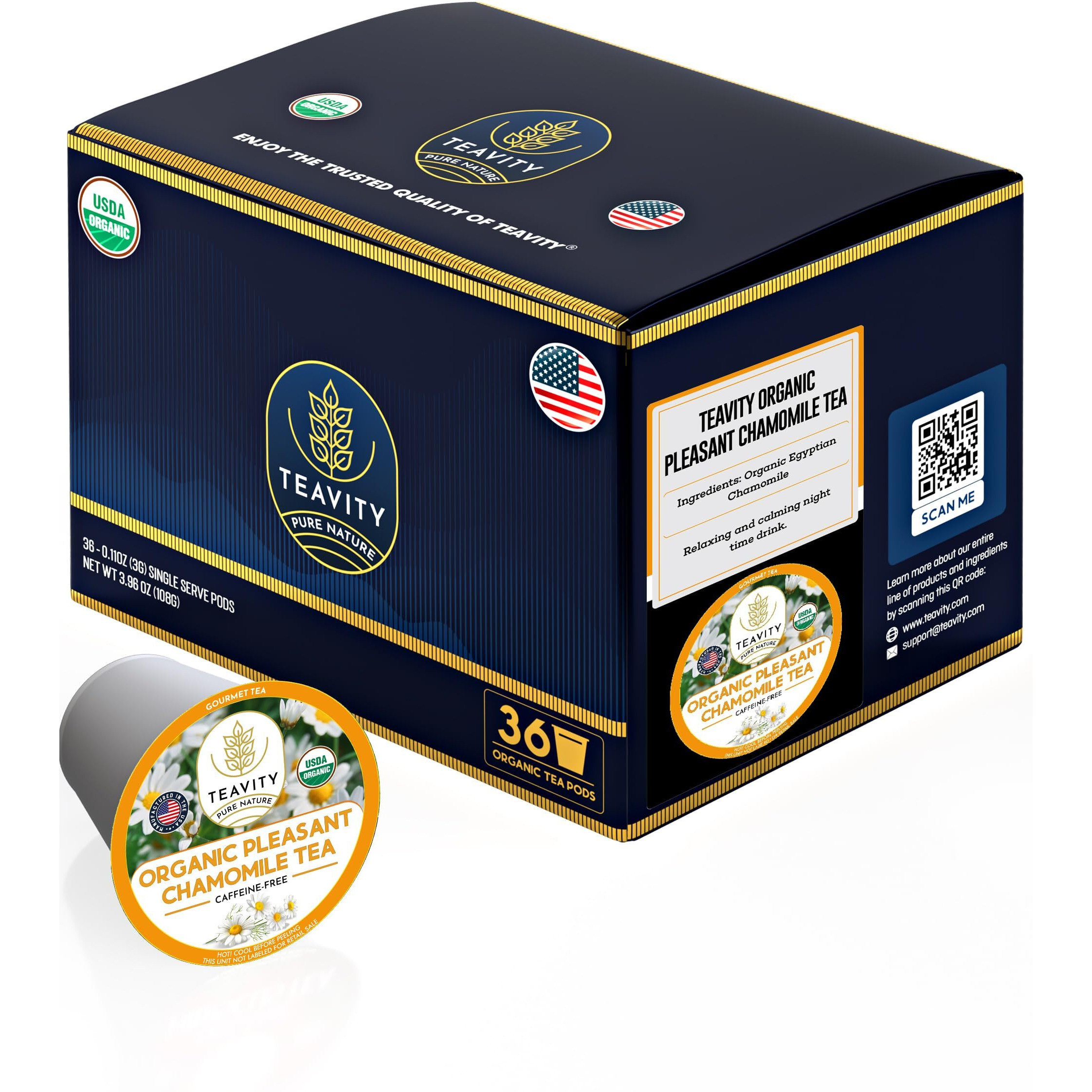 Organic Chamomile Tea Pods For Keurig - Decaf Tea Pods - Pleasant Chamomile By Teavity (36 Tea Pods)