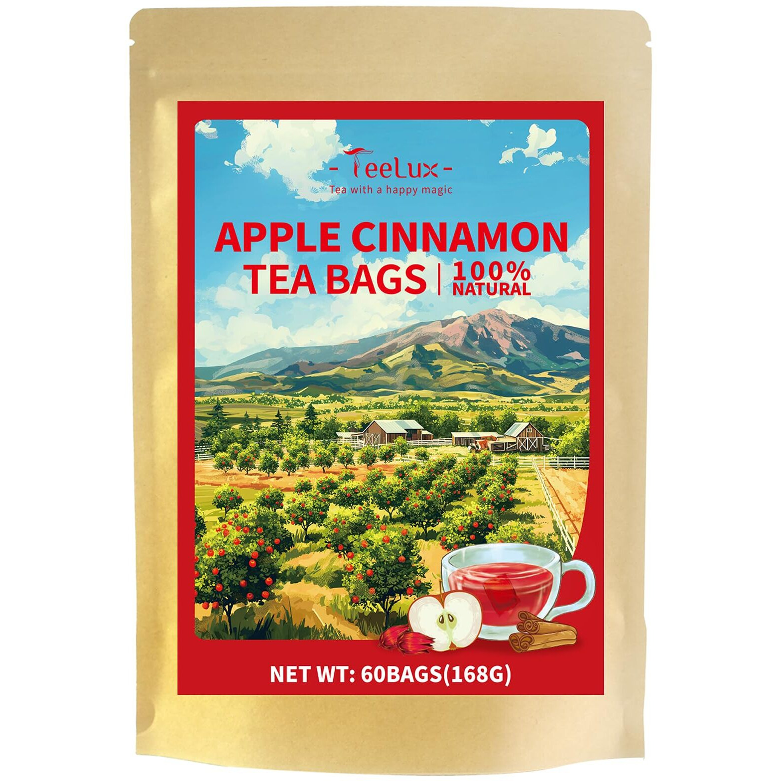 Teelux Cinnamon Apple Tea Bags, 2.8G/Bag, Cinnamon With Hibiscus Herbal Tea, Sweet & Tart & Slightly Spicy, Caffeine Free, 60 Count