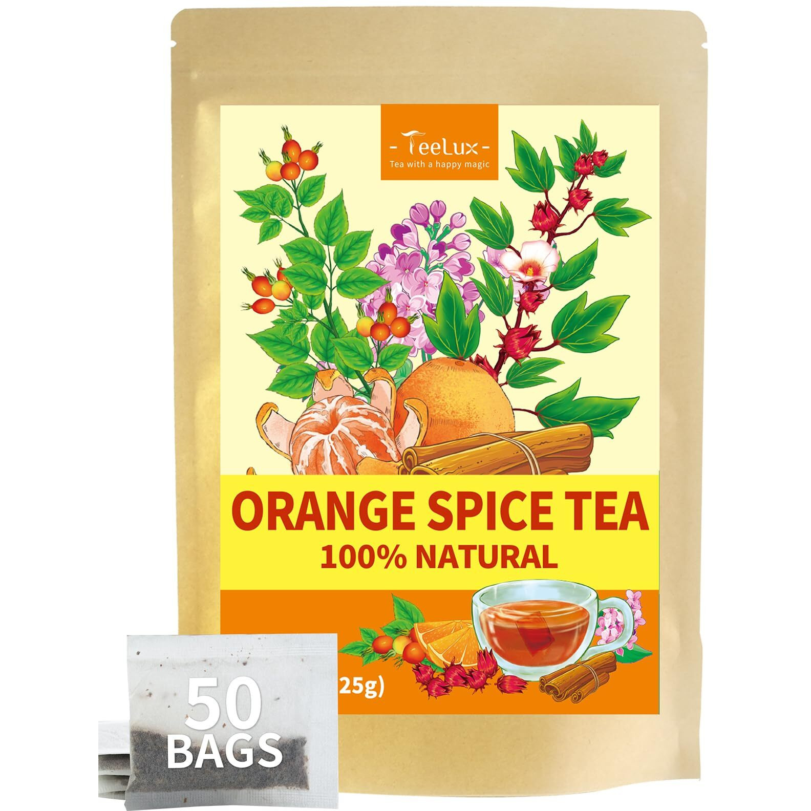 Teelux Orange Spice Tea, Blended Rosehips With Cinnamon & Hibiscus, Refreshing & Soothing Taste, Caffeine Free, 50 Count