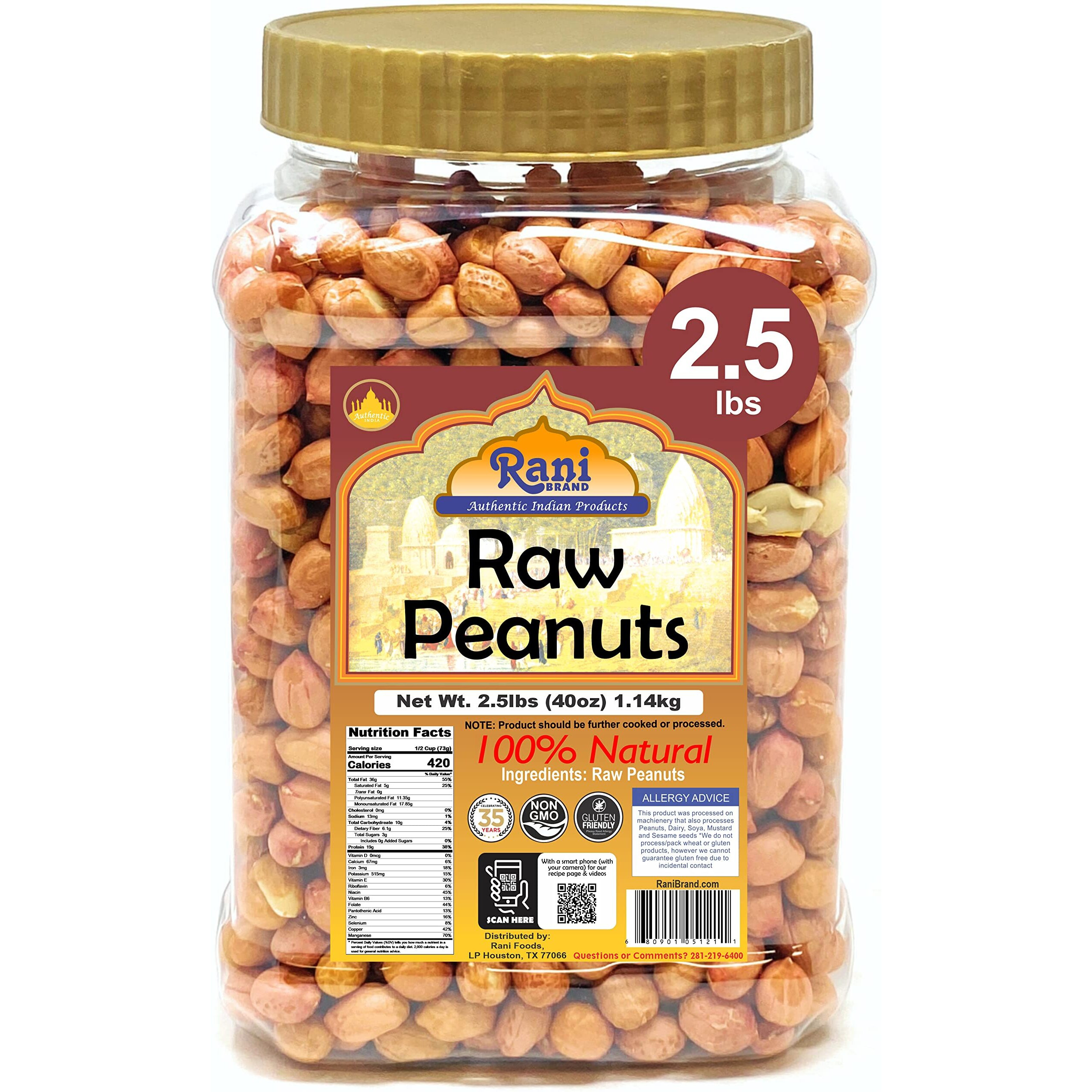 Rani Peanuts, Raw Whole With Skin (Uncooked, Unsalted) 40Oz (2.5Lbs) 1.14Kg Bulk Pet Jar ~ All Natural | Vegan | Gluten Friendly | Fresh Product Of Usa ~ Spanish Grade Groundnut/Red-Skin