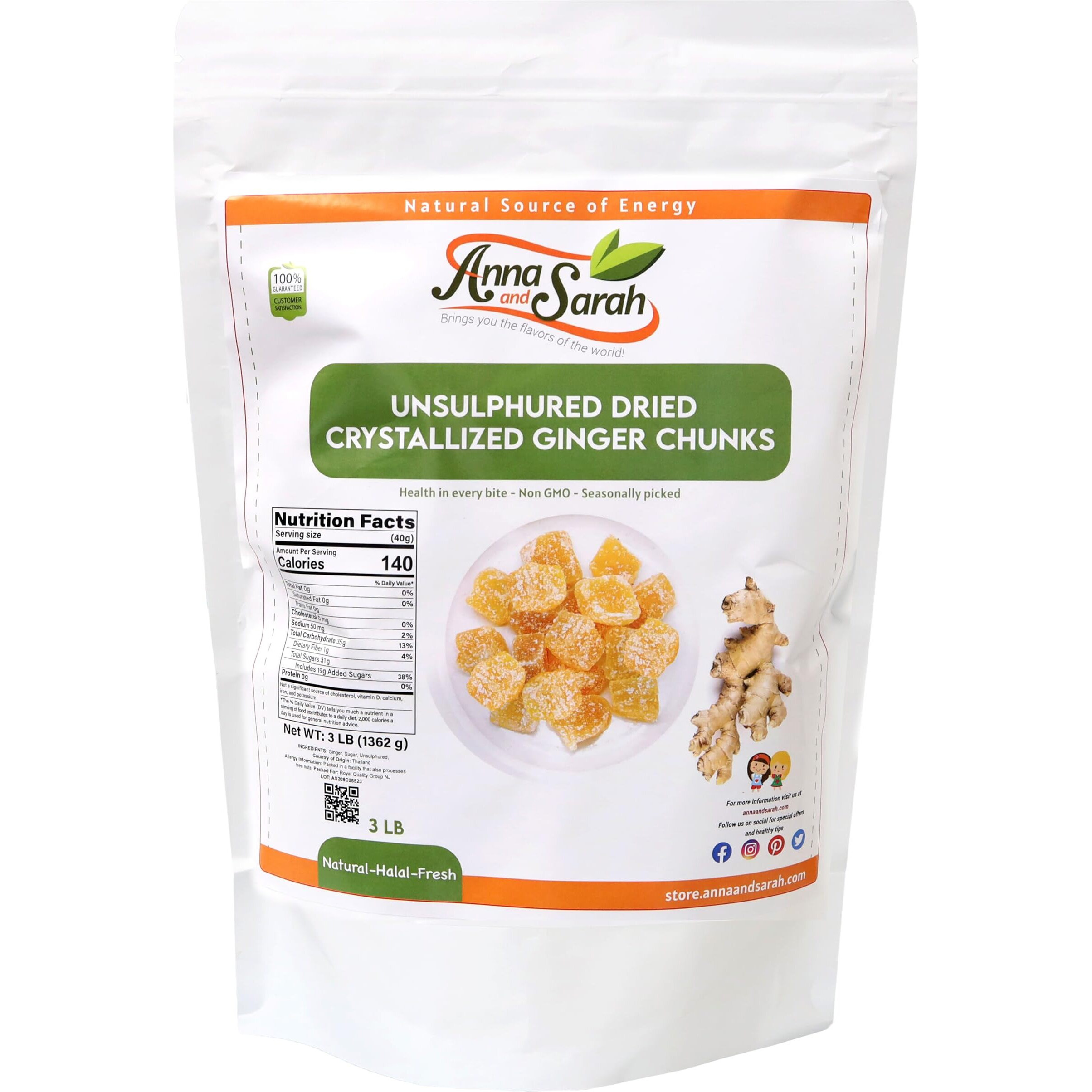 Anna And Sarah Unsulphured Crystallized Ginger Chunks In Resealable Bag, 3 Lbs