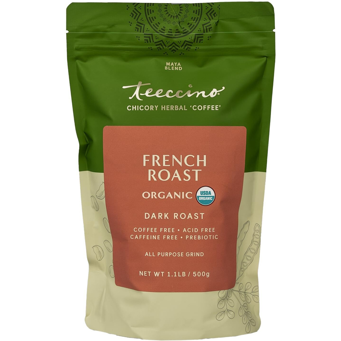 Teeccino French Roast Chicory Coffee Alternative - Ground Herbal Coffee Thats Prebiotic, Caffeine-Free & Acid Free, Dark Roast, 1.1 Pound