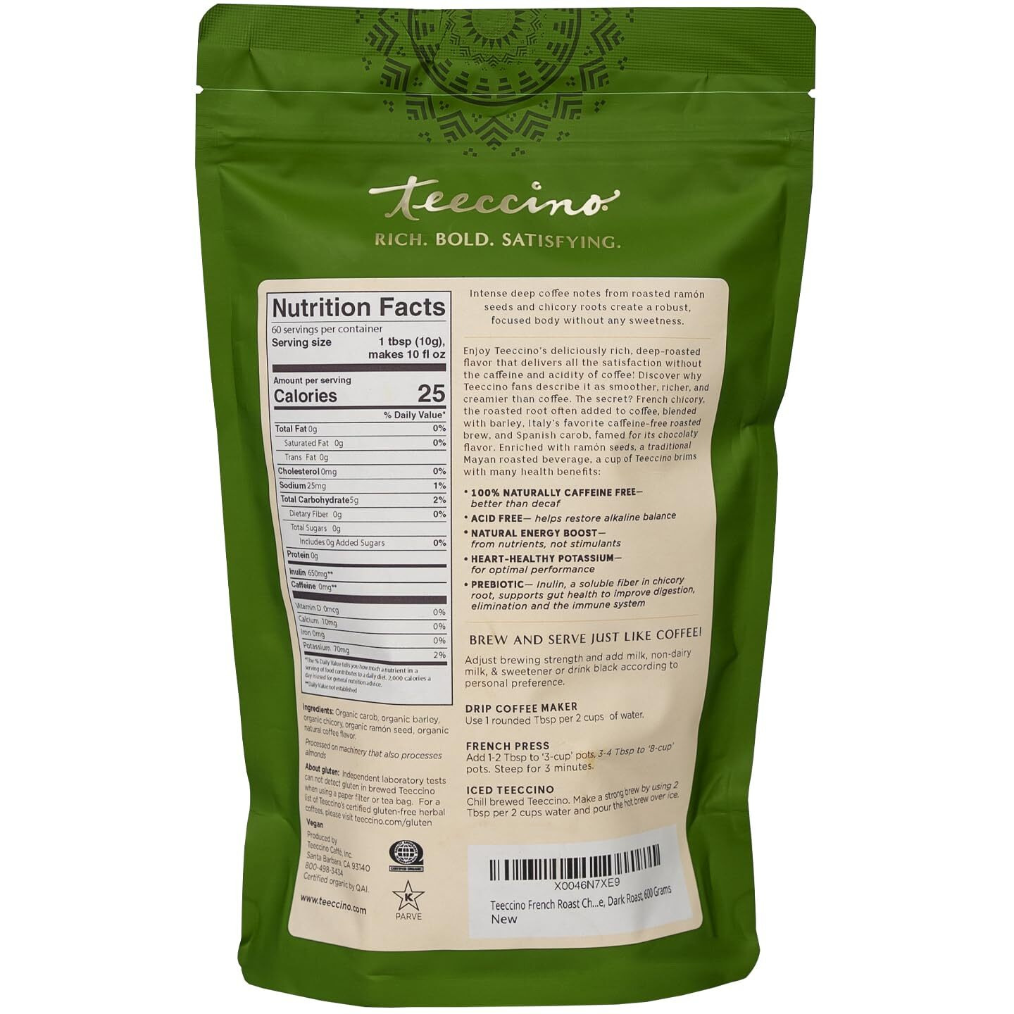Teeccino French Roast Chicory Coffee Alternative - Ground Herbal Coffee Thats Prebiotic, Caffeine-Free & Acid Free, Dark Roast, 1.1 Pound