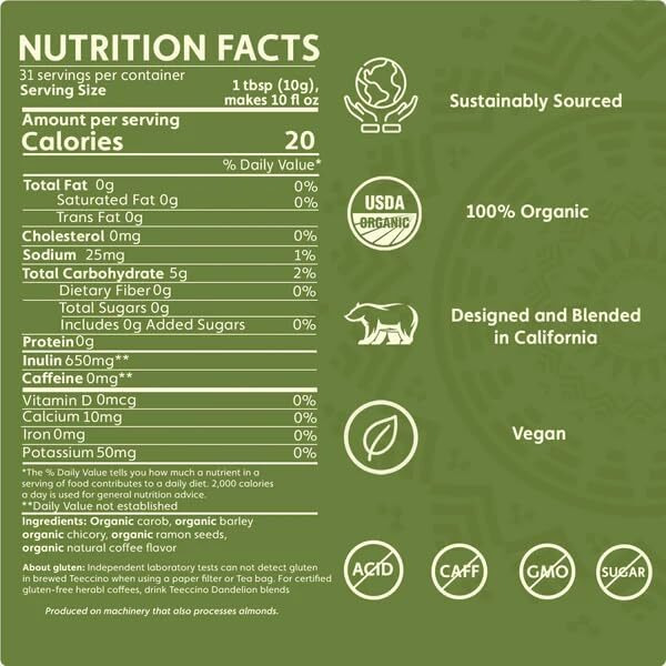 Teeccino French Roast Chicory Coffee Alternative - Ground Herbal Coffee Thats Prebiotic, Caffeine-Free & Acid Free, Dark Roast, 1.1 Pound