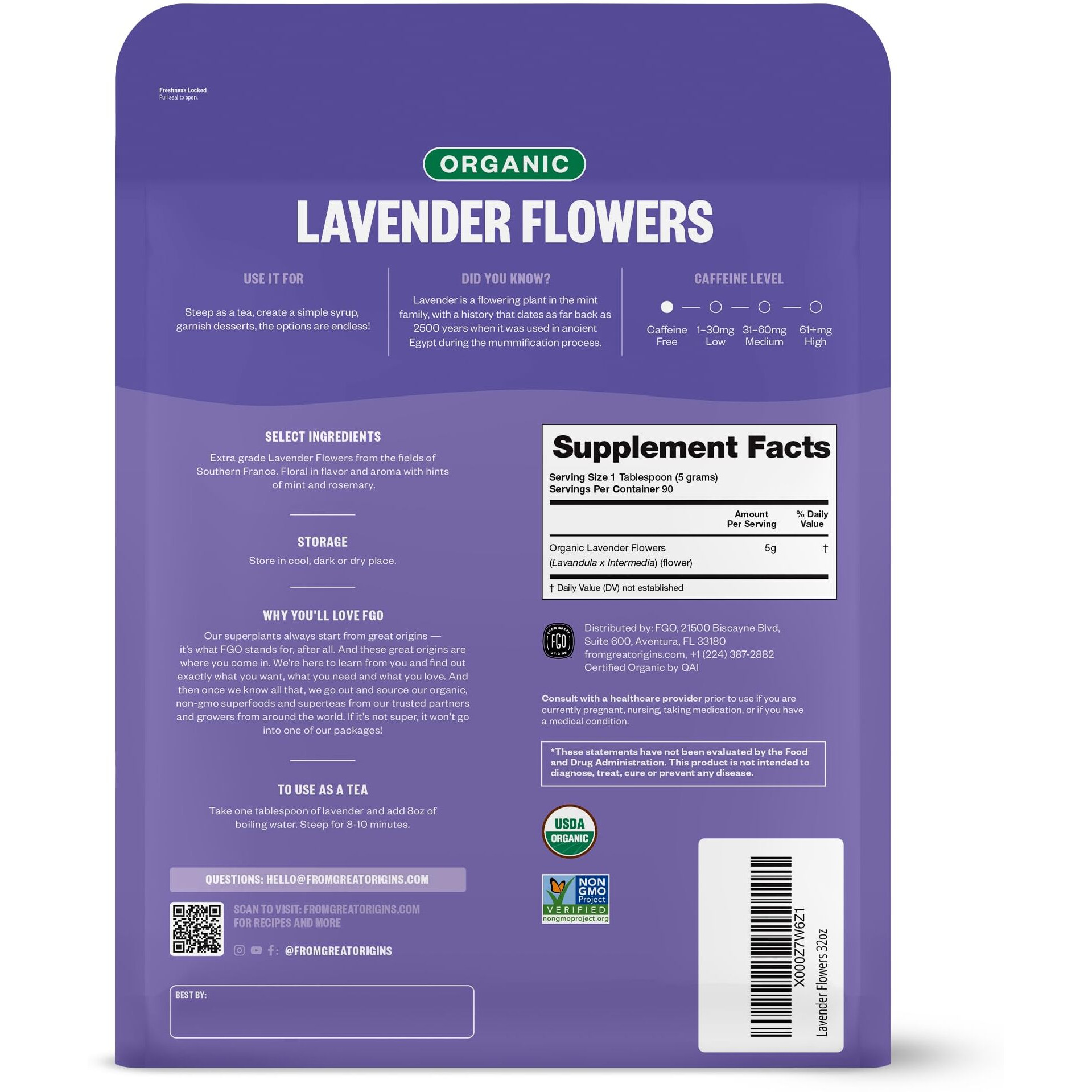 Fgo Organic Dried Lavender Flowers, From France, 16Oz, Packaging May Vary (Pack Of 2)