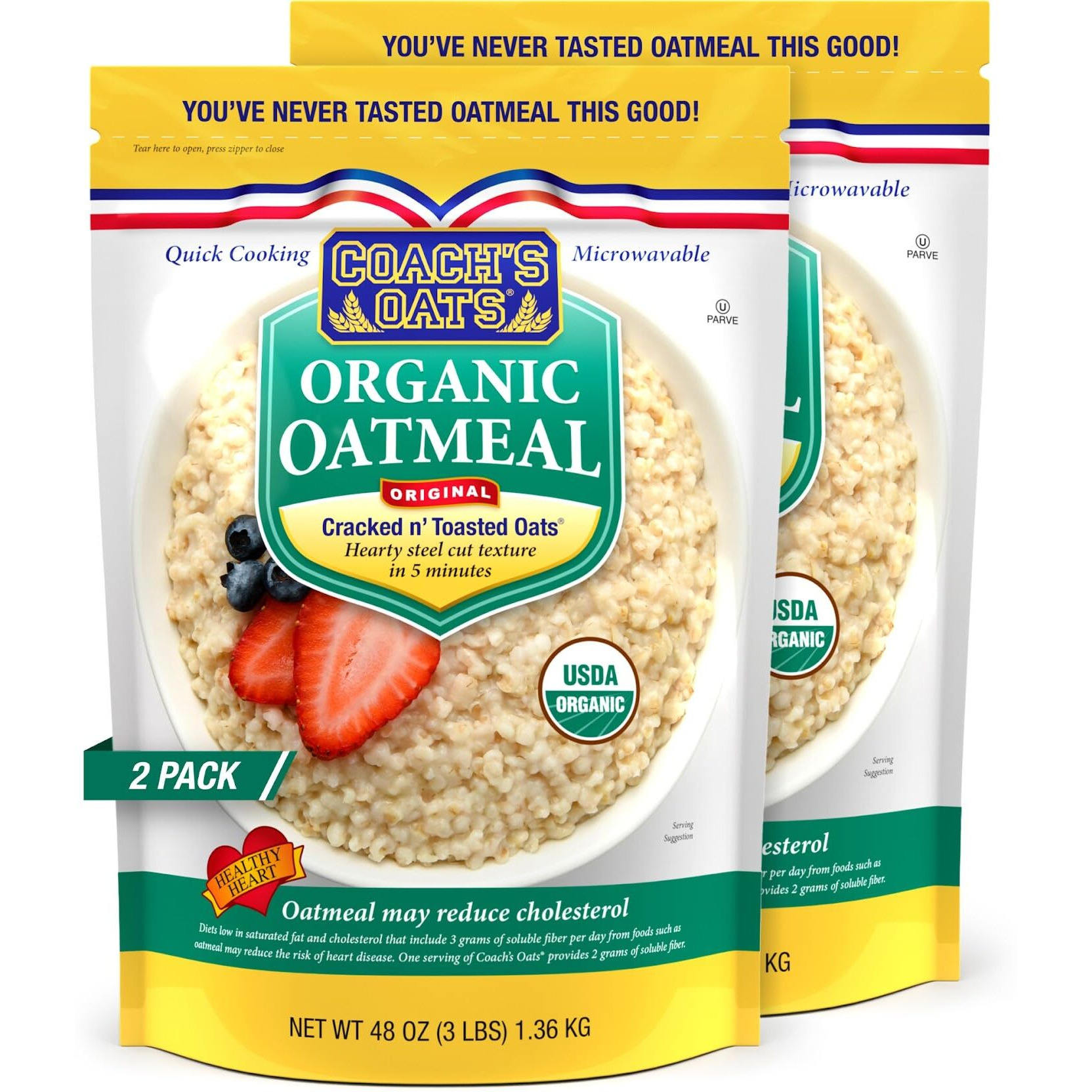Coach's Oats Organic Whole Grain Oatmeal 3 Lbs (48 Oz) Pack Of 2 | Cracked N Toasted Oats | Quick-Cooking, Steel Cut Texture | Heart-Healthy, Delicious Breakfast | Microwavable, Stovetop, Overnight Oatmeal, Ready In 3 To 5 Minutes | Enjoy The Perfect Start To Your Day