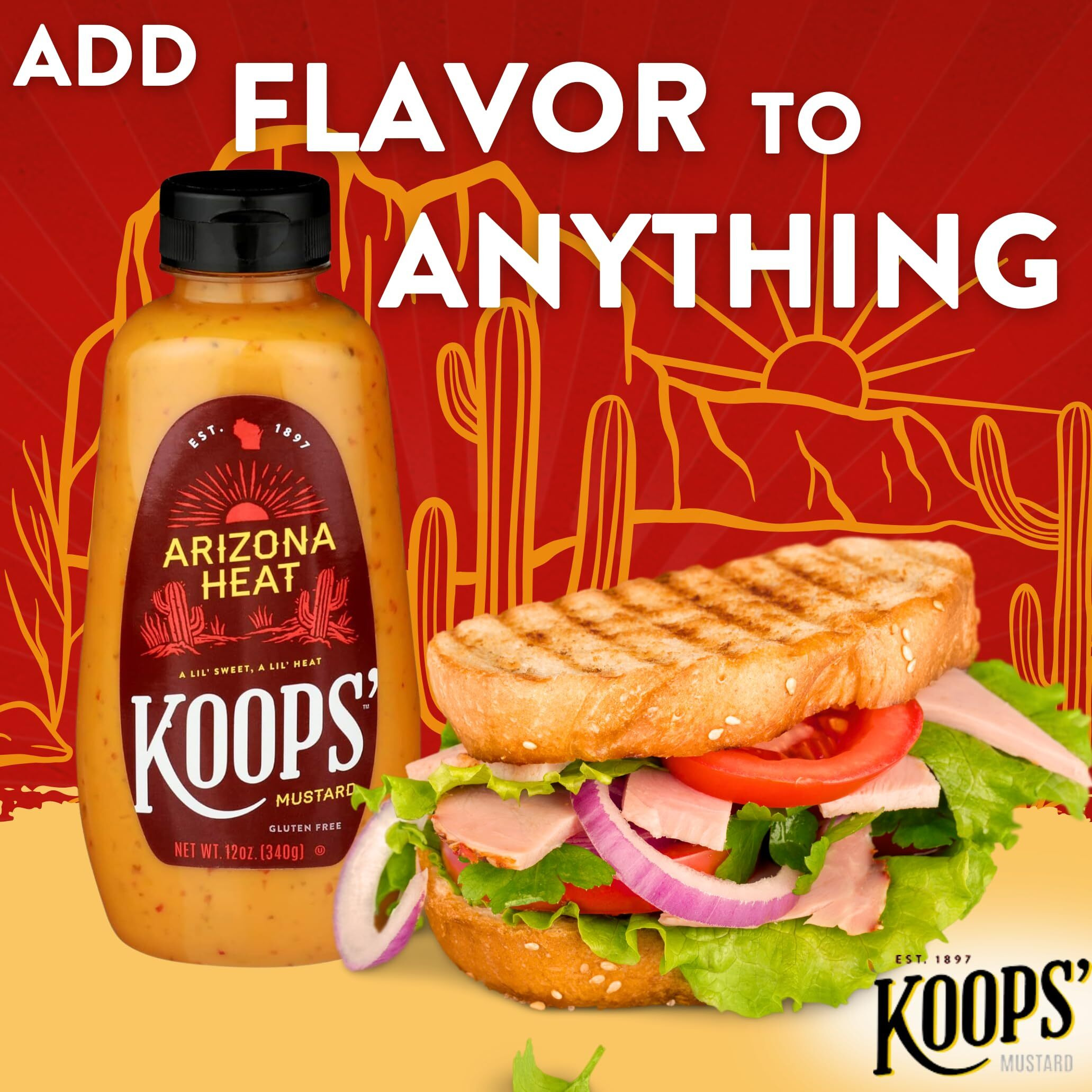Koops' Arizona Heat Mustard - Sweet And Spicy Mustard, Gluten-Free, Kosher, Made In Usa, From Quality Mustard Seeds, Hot Mustard Sauce - 12 Oz, Pack Of 4