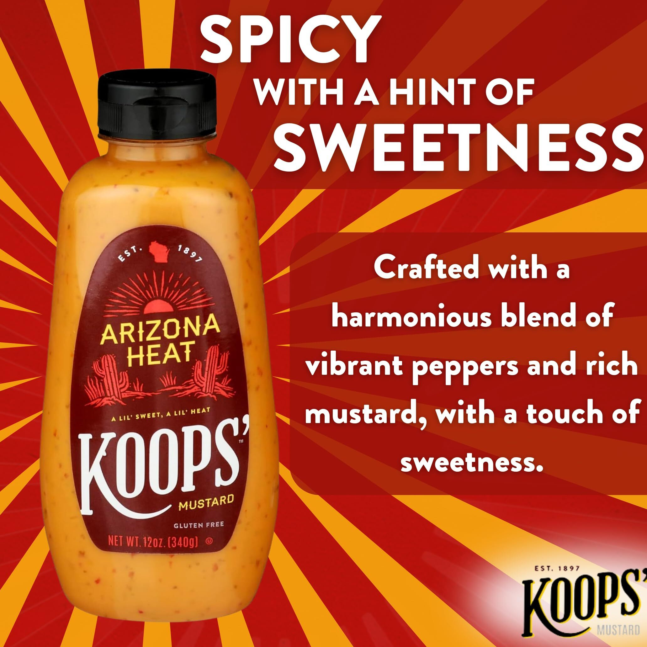 Koops' Arizona Heat Mustard - Sweet And Spicy Mustard, Gluten-Free, Kosher, Made In Usa, From Quality Mustard Seeds, Hot Mustard Sauce - 12 Oz, Pack Of 4