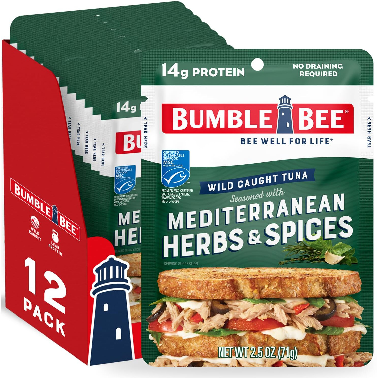 Bumble Bee Mediterranean Herbs & Spices Seasoned Tuna, 2.5 Oz Pouches (Pack Of 12) - Ready To Eat - Wild Caught Tuna Packet - 16G Protein Per Serving - Gluten Free