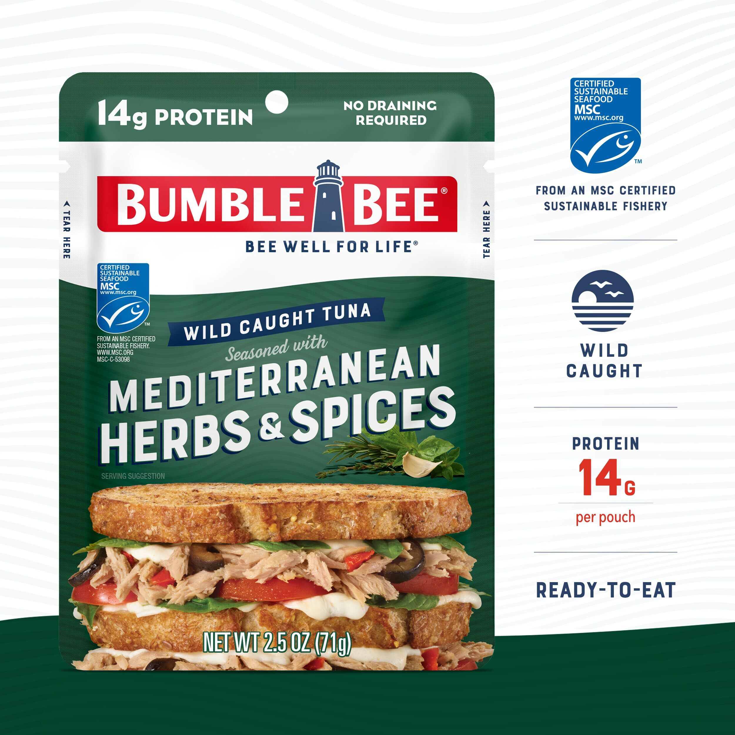 Bumble Bee Mediterranean Herbs & Spices Seasoned Tuna, 2.5 Oz Pouches (Pack Of 12) - Ready To Eat - Wild Caught Tuna Packet - 16G Protein Per Serving - Gluten Free
