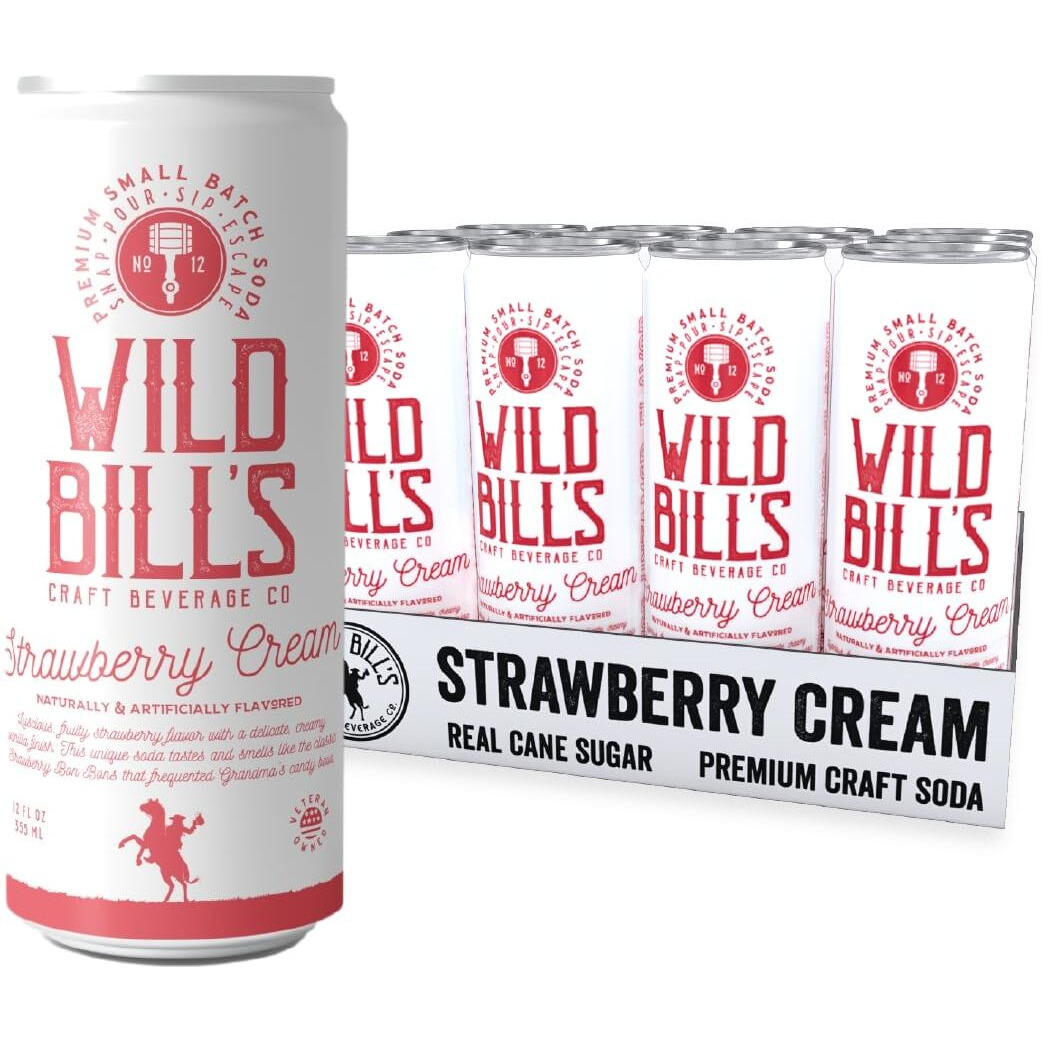 Wild Bill's Strawberry Cream Soda Classic Craft Soda Pop Soft Drinks, Sodas Made With Pure Cane Sugar, Caffeine Free, No High Fructose Corn Syrup, Gluten Free, Vegan, Low Sodium, 12 Oz 12 Pack
