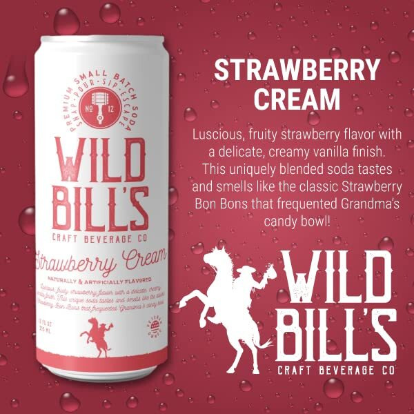 Wild Bill's Strawberry Cream Soda Classic Craft Soda Pop Soft Drinks, Sodas Made With Pure Cane Sugar, Caffeine Free, No High Fructose Corn Syrup, Gluten Free, Vegan, Low Sodium, 12 Oz 12 Pack