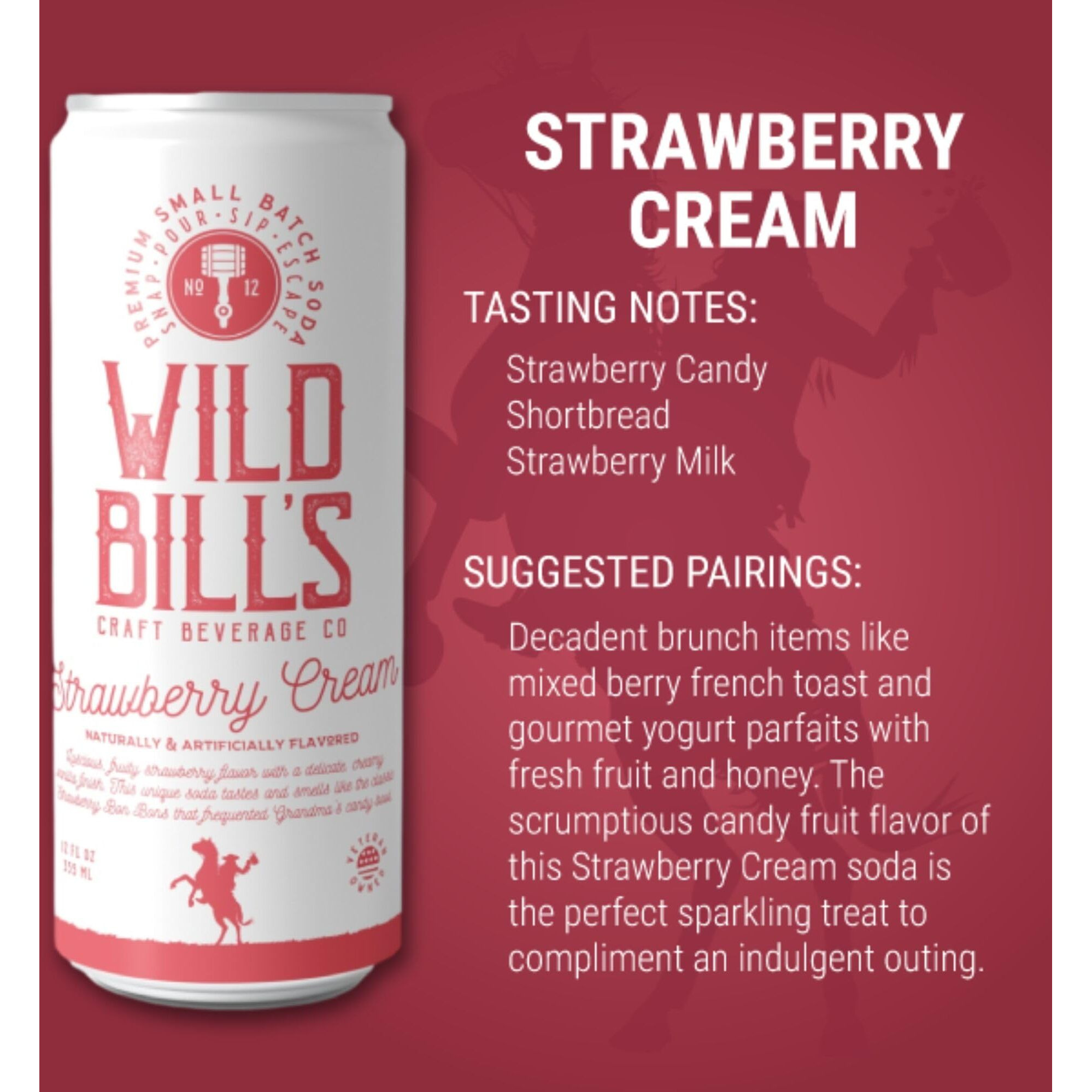 Wild Bill's Strawberry Cream Soda Classic Craft Soda Pop Soft Drinks, Sodas Made With Pure Cane Sugar, Caffeine Free, No High Fructose Corn Syrup, Gluten Free, Vegan, Low Sodium, 12 Oz 12 Pack