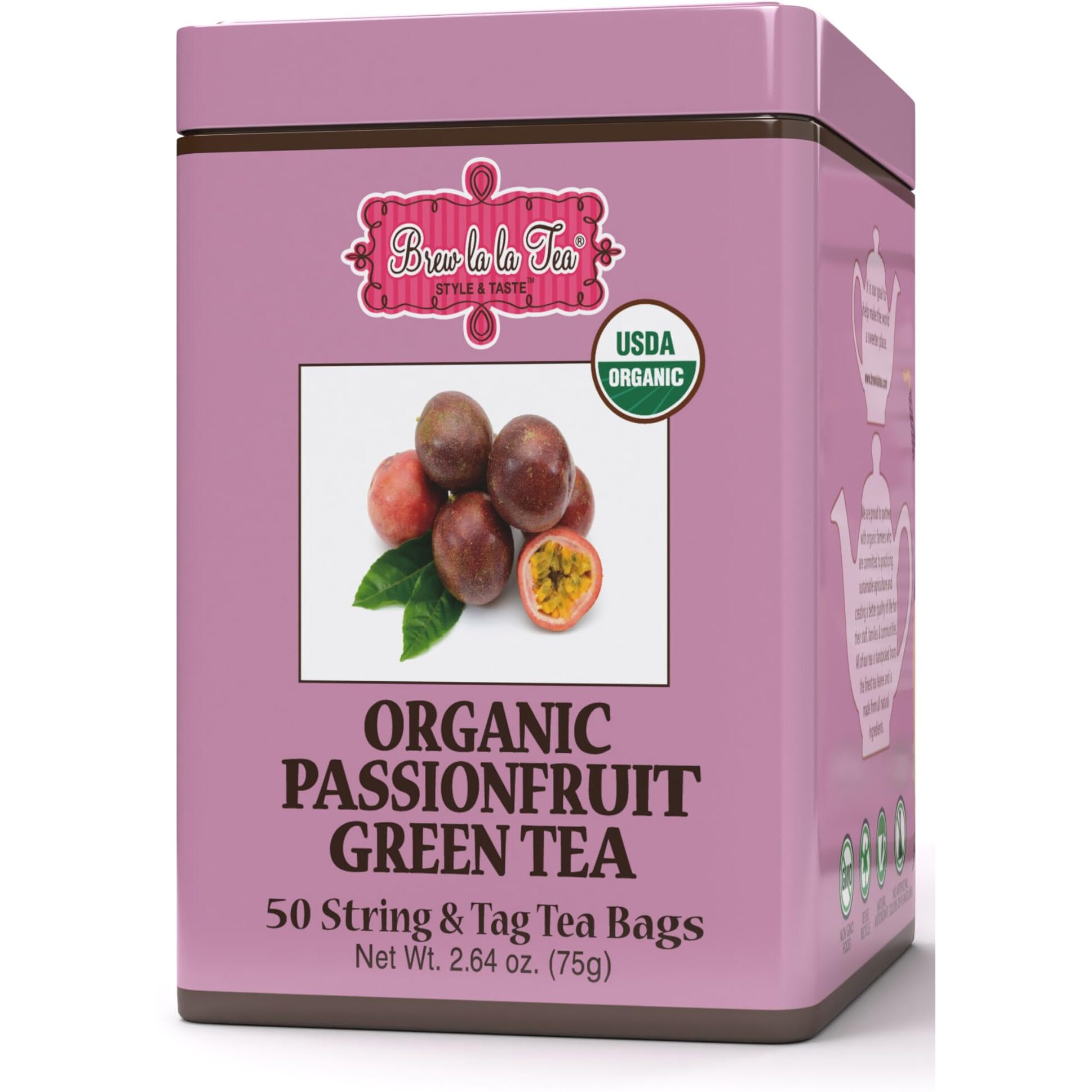 Brew La La Organic Green Tea - Passionfruit Flavor - 50 Tea Bag Tin - Low Caffeine Tea - Usda Certified Organic
