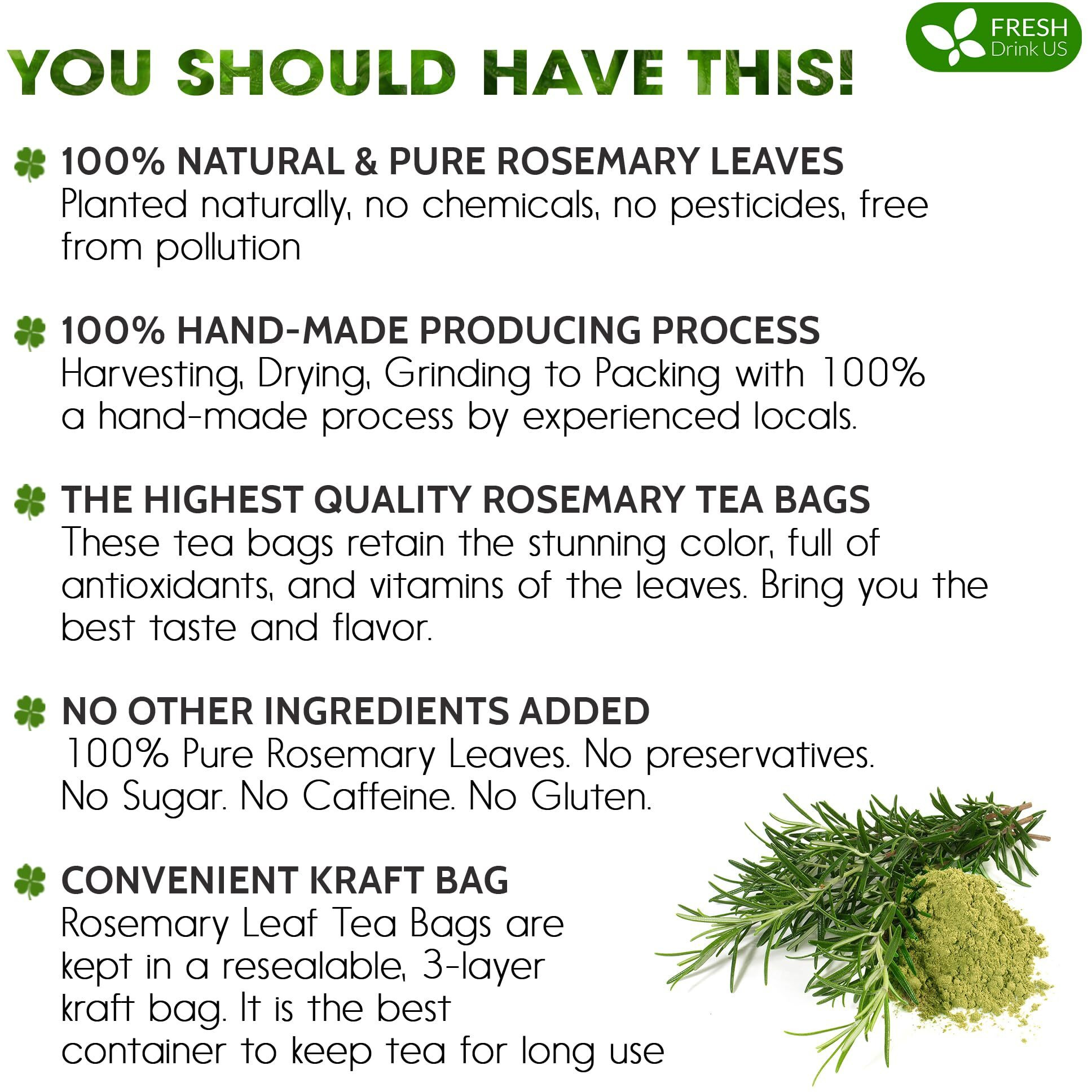 Freshdrinkus, Premium 75 Rosemary Leaf Tea Bags, 100% Natural And Pure Rosemary Dried Leaves, Pure Rosemary Herbal Tea, No Additives, No Caffeine, No Gluten, Vegan.