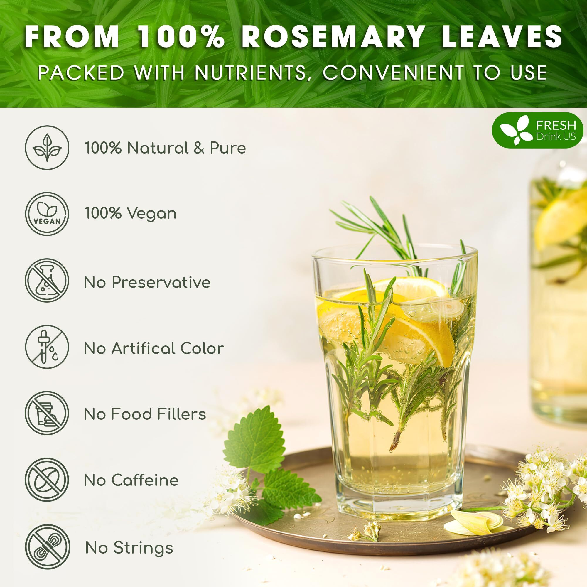 Freshdrinkus, Premium 75 Rosemary Leaf Tea Bags, 100% Natural And Pure Rosemary Dried Leaves, Pure Rosemary Herbal Tea, No Additives, No Caffeine, No Gluten, Vegan.