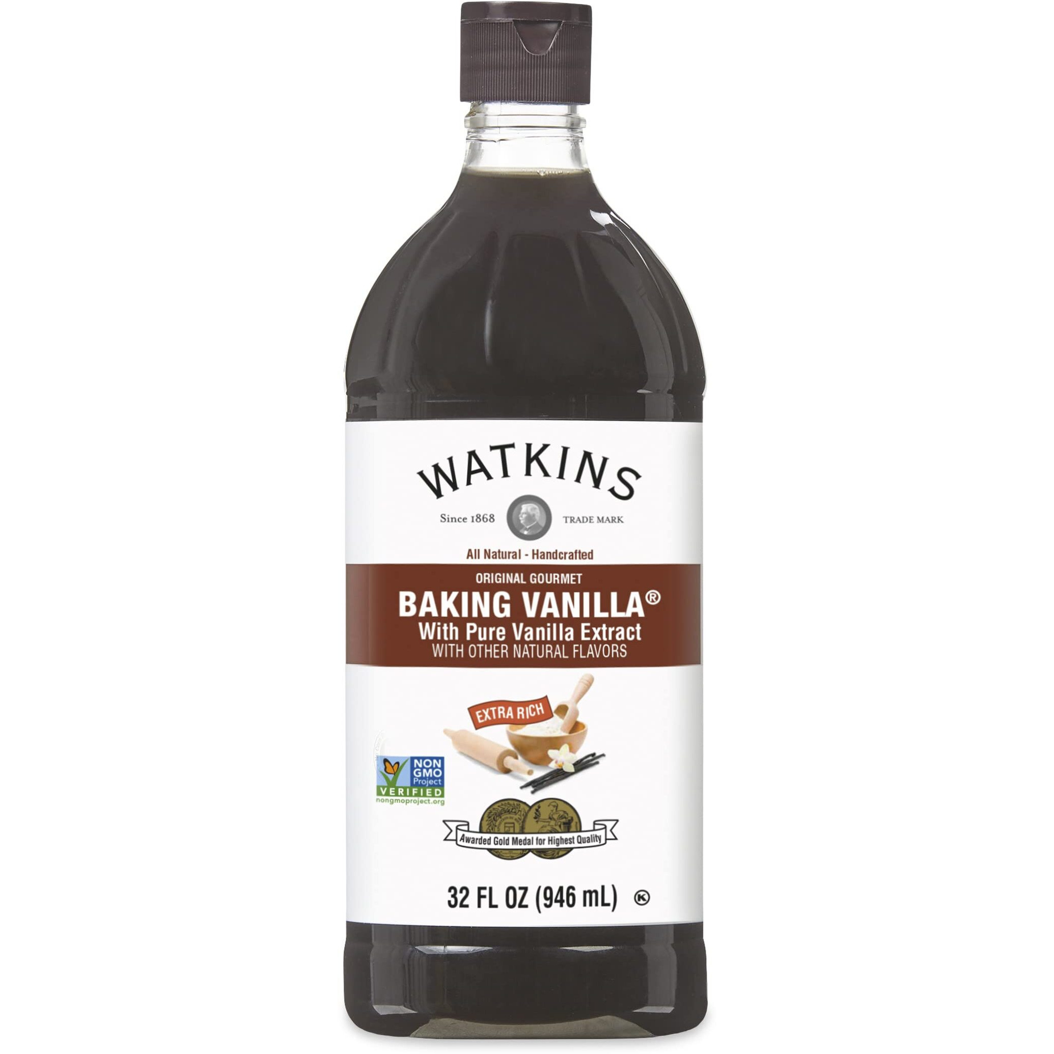Watkins All Natural Original Gourmet Baking Vanilla, 32 Fl. Oz. Economy Sized Bottle, 1 Count (21901)