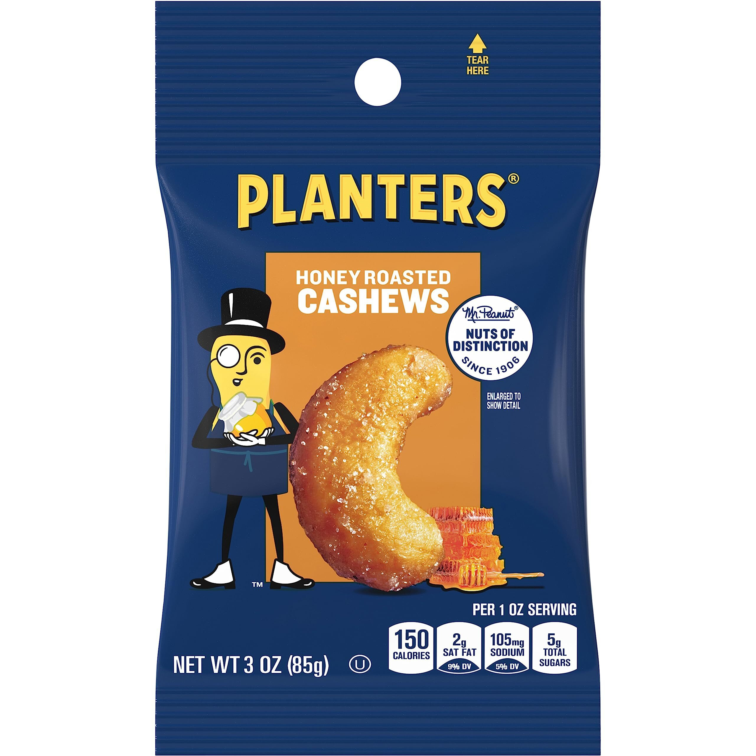 Planters Deluxe Honey Roasted Whole Cashews, Sweet And Salty Snacks, Plant-Based Protein, 3 Oz Bag (Pack Of 12)