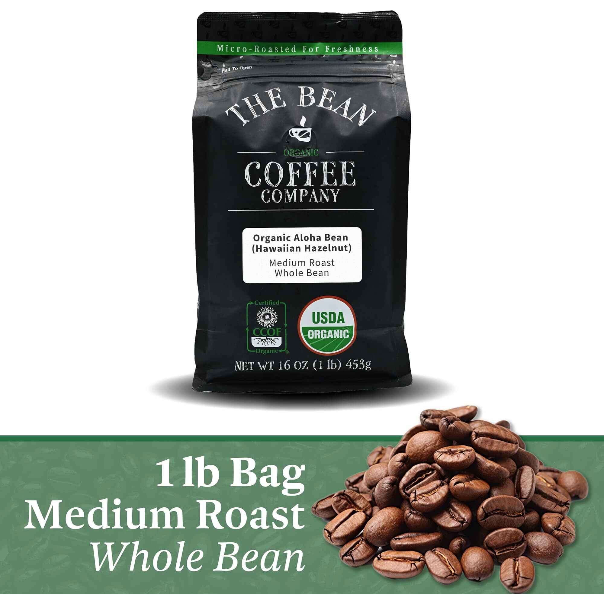 The Bean Organic Coffee Company Aloha Bean (Hawaiian Hazelnut), Medium Roast, Whole Bean Coffee, 16-Ounce Bag