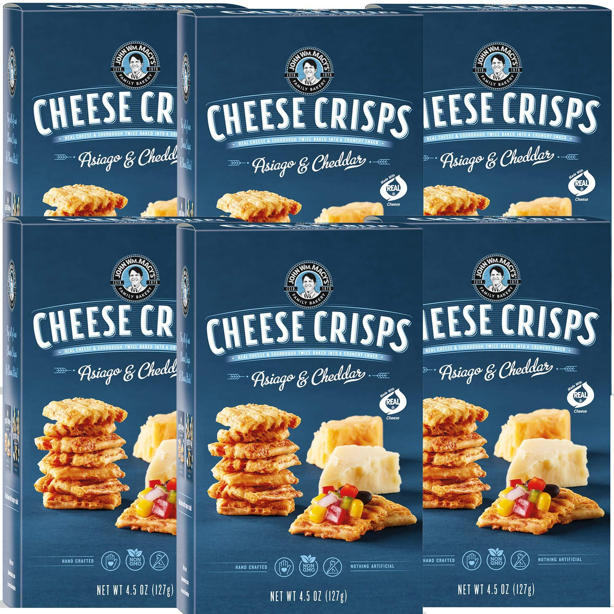 John Wm. Macy's Cheesecrisps | Asiago & Cheddar | Twice Baked Sourdough Crackers Made With 100% Real Aged Cheese, Non Gmo, Nothing Artificial | 4.5 Oz. (6 Pack)