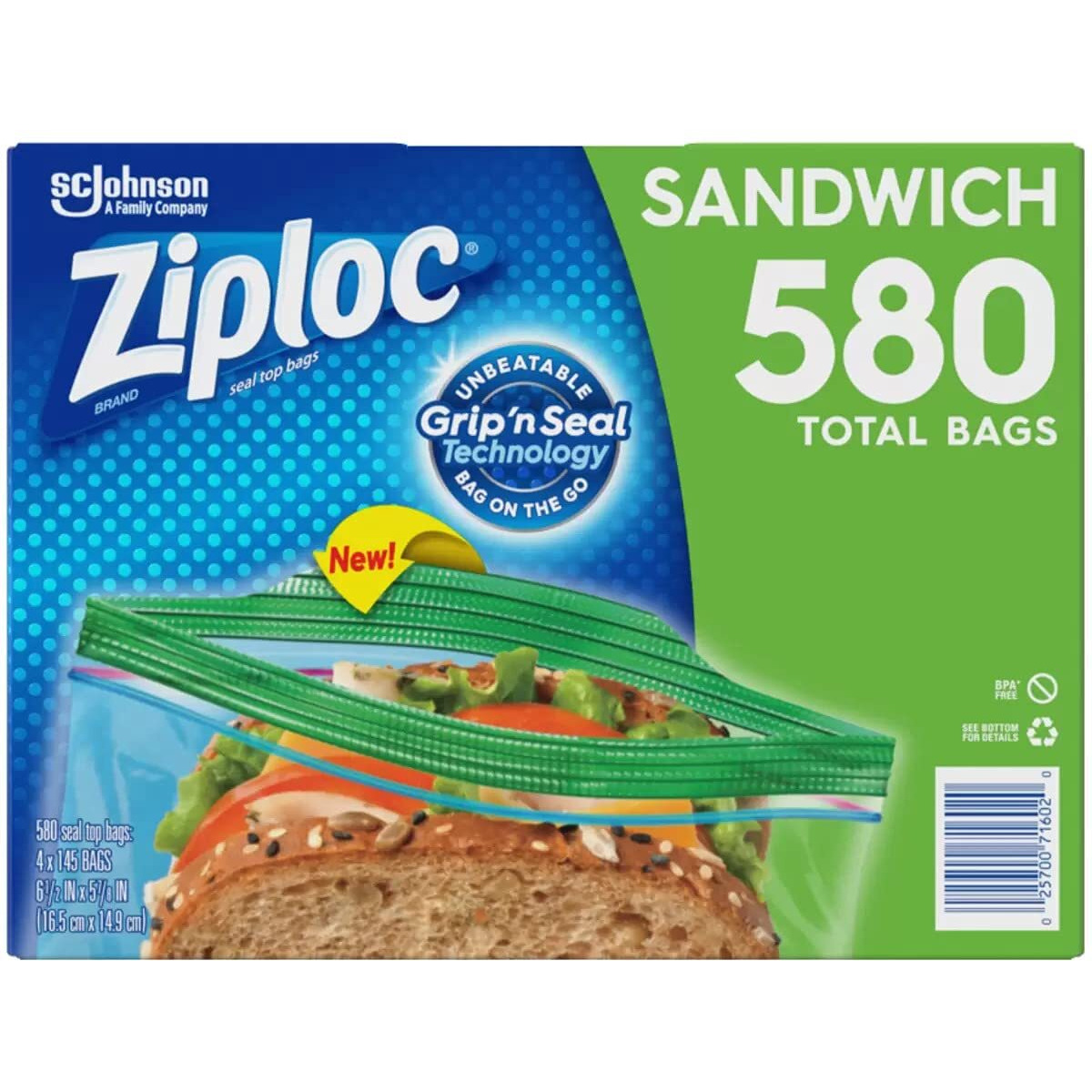 Ziploc Easy Open Tabs Sandwich Bags 580, 145 Count (Pack Of 4)