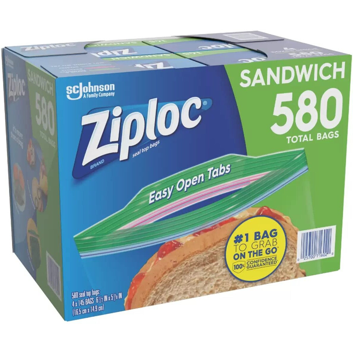 Ziploc Easy Open Tabs Sandwich Bags 580, 145 Count (Pack Of 4)