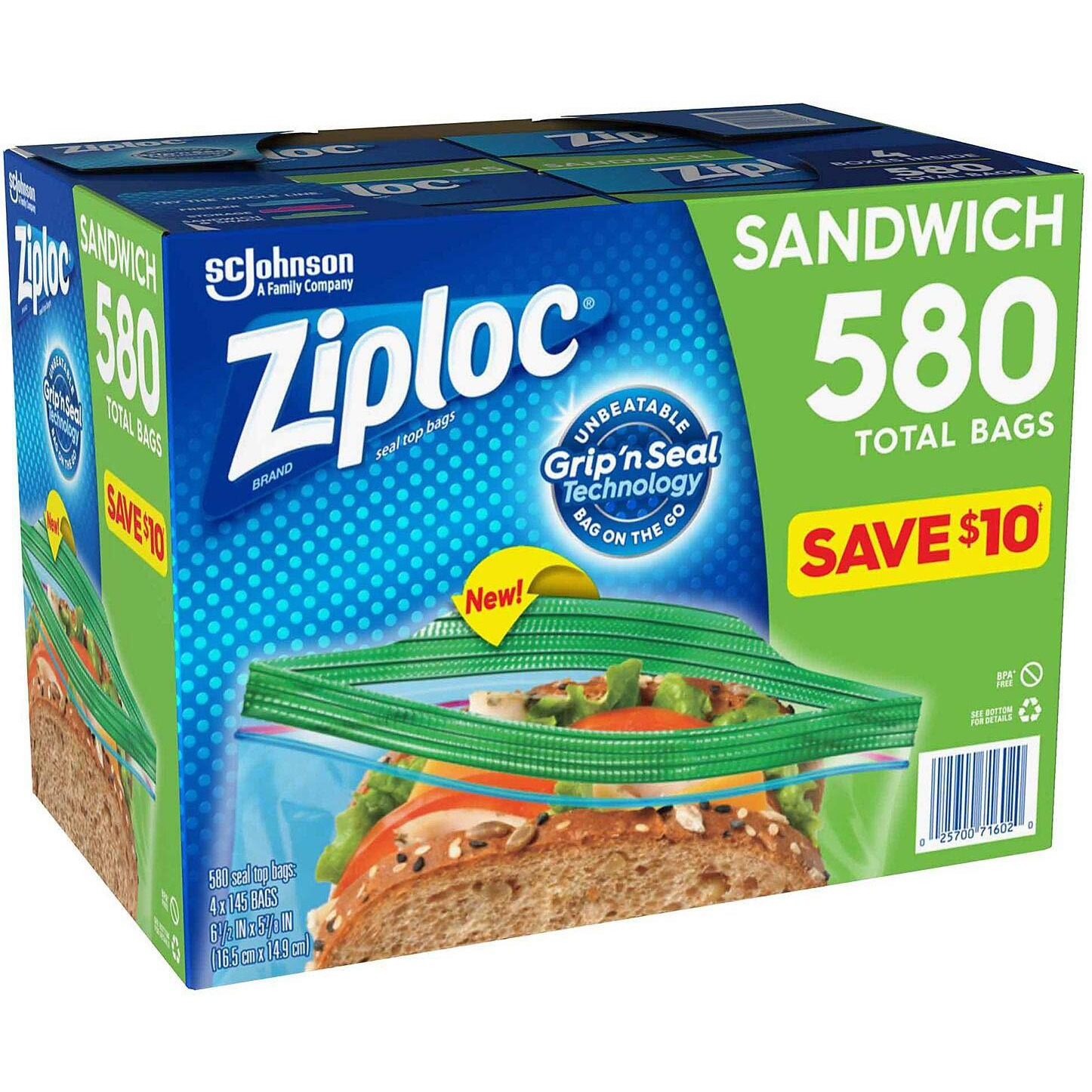 Ziploc Easy Open Tabs Sandwich Bags 580, 145 Count (Pack Of 4)