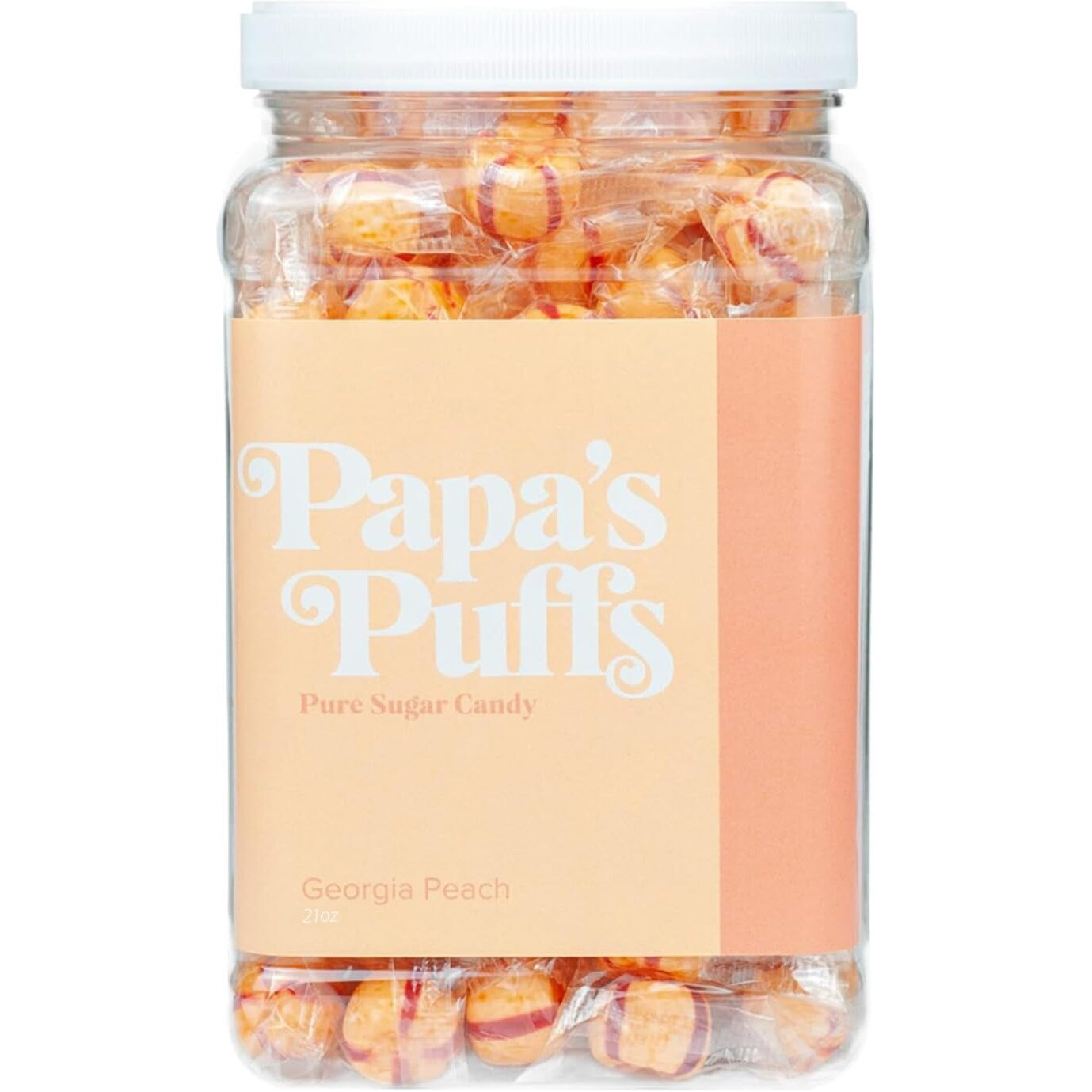 Papa's Puffs Georgia Peach Flavored Pure Sugar Candy - Individually Wrapped In Resealable Tub - Fat-Free, Gluten-Free, Cholesterol-Free - Manufactured In The Usa