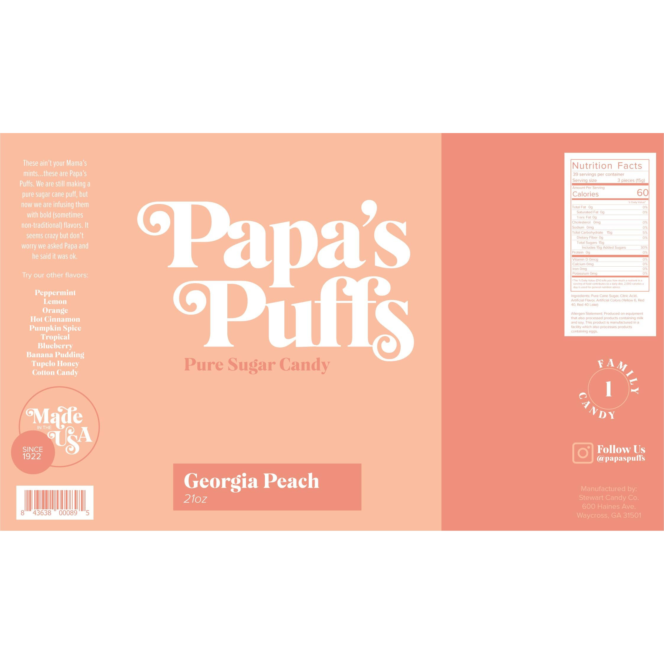 Papa's Puffs Georgia Peach Flavored Pure Sugar Candy - Individually Wrapped In Resealable Tub - Fat-Free, Gluten-Free, Cholesterol-Free - Manufactured In The Usa