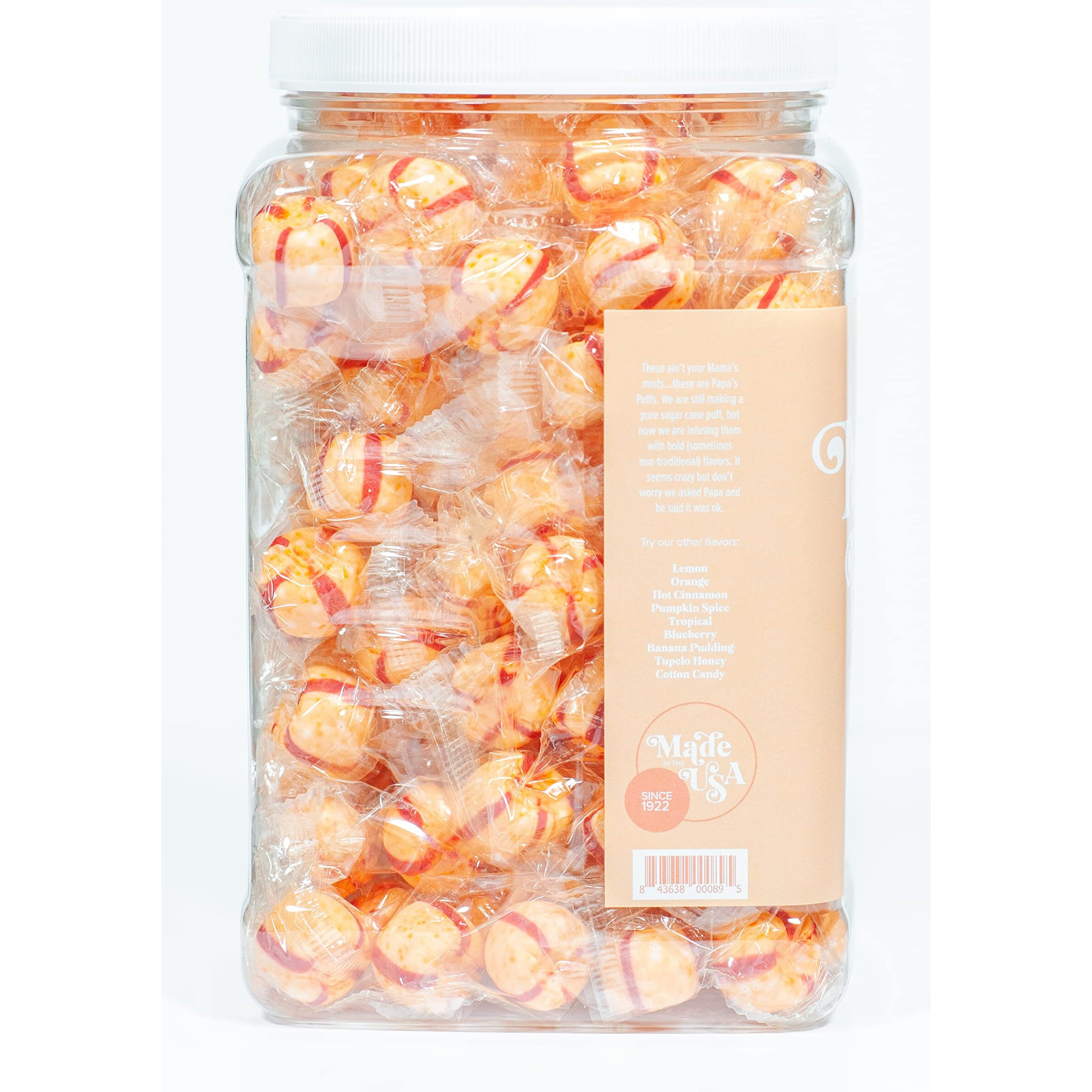 Papa's Puffs Georgia Peach Flavored Pure Sugar Candy - Individually Wrapped In Resealable Tub - Fat-Free, Gluten-Free, Cholesterol-Free - Manufactured In The Usa