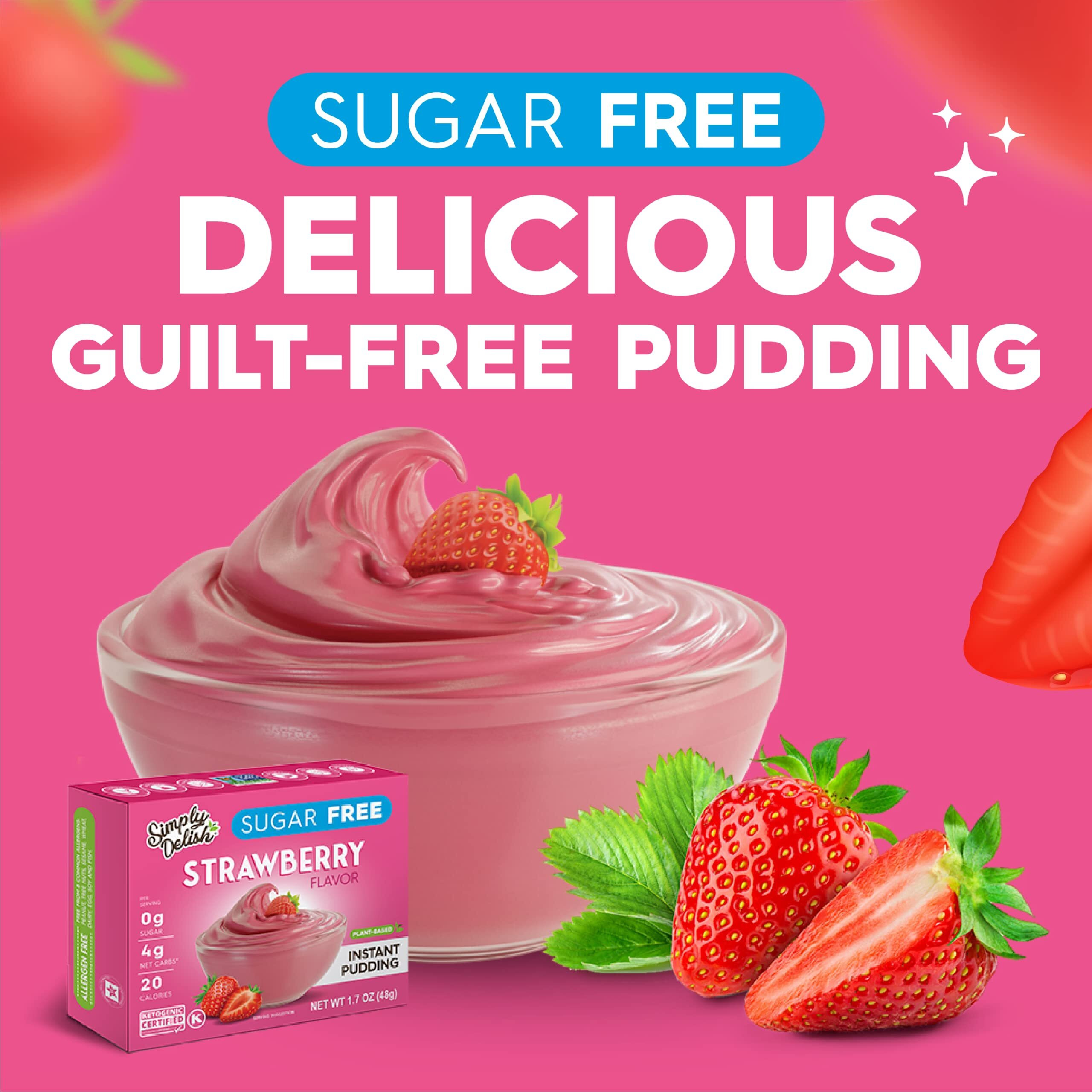 Simply Delish Instant Delicious Strawberry Pudding 6 Pack - Low Carb, Zero Sugar, Gluten Free, Allergen Free, Non-Gmo, Vegan & Plant-Based