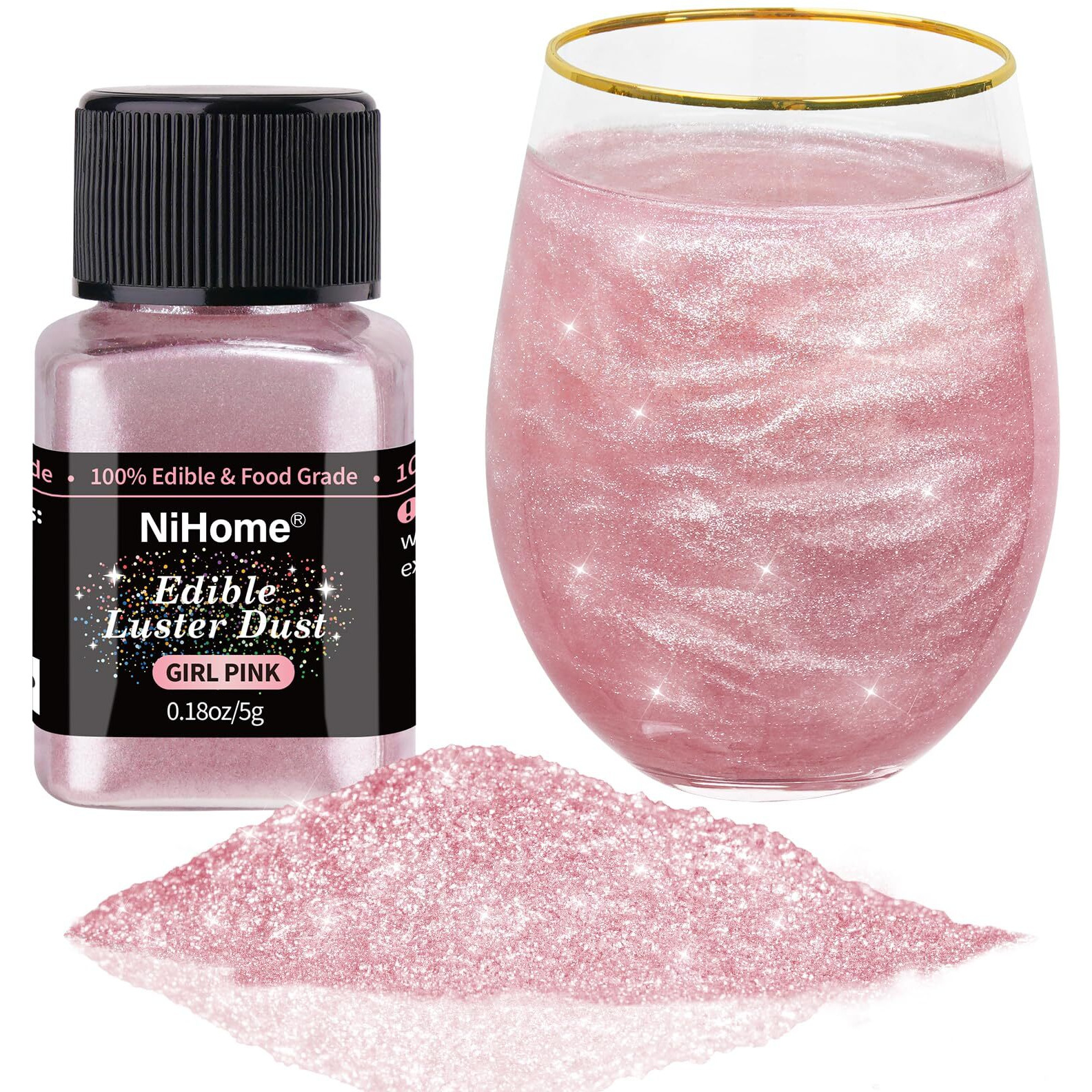 Nihome Edible Food-Grade Glimmer Powder Glitter Luster Dust Metallic Food Decorating Sprinkle Glimmery Dust For Drink Wine Beverage Cake Candy Dessert Bakery Restaurant Vegan (0.18Oz/5G, Girl Pink)