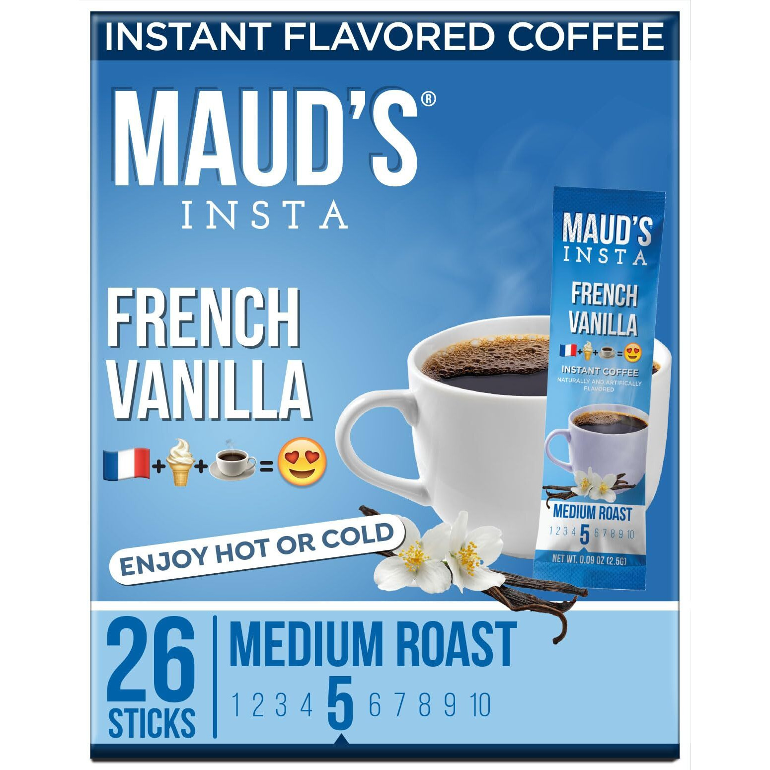 Maud's French Vanilla Instant Coffee Packets Single Serve, 26 Ct | French Vanilla Flavored Coffee | 100% Arabica Medium Roast Coffee Solar Energy Produced | Hot Or Iced Coffee Instant Powder Packs