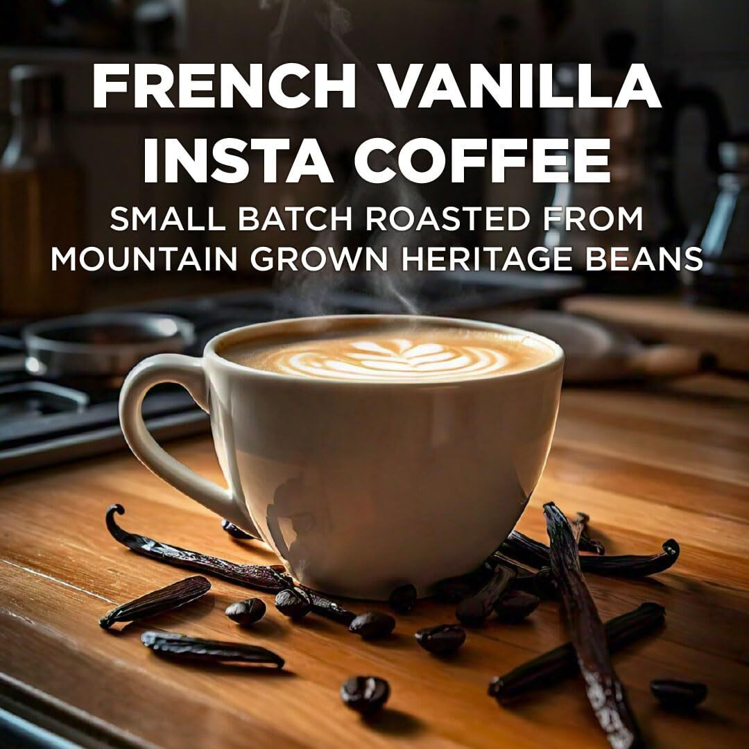 Maud's French Vanilla Instant Coffee Packets Single Serve, 26 Ct | French Vanilla Flavored Coffee | 100% Arabica Medium Roast Coffee Solar Energy Produced | Hot Or Iced Coffee Instant Powder Packs