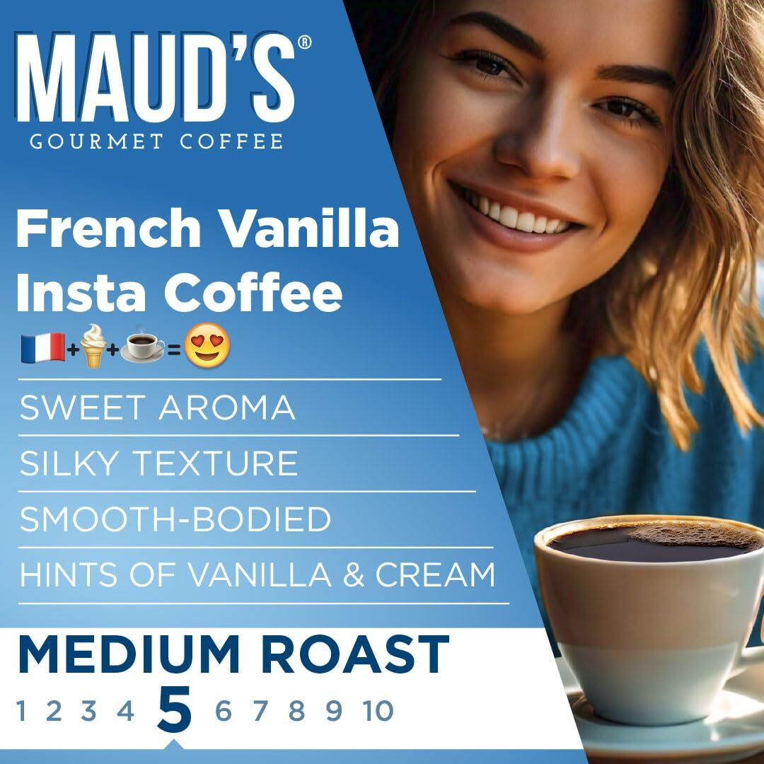 Maud's French Vanilla Instant Coffee Packets Single Serve, 26 Ct | French Vanilla Flavored Coffee | 100% Arabica Medium Roast Coffee Solar Energy Produced | Hot Or Iced Coffee Instant Powder Packs