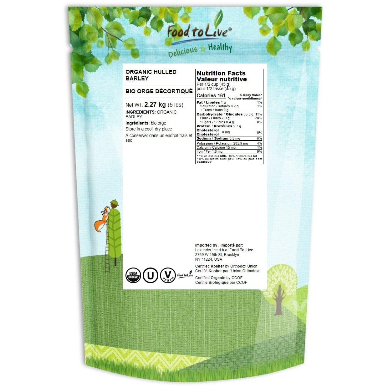 Food To Live Organic Hulled Barley, 5 Pounds Non-Gmo, 100% Whole Grain, Kosher, Vegan, Bulk. For Home Brewing, Grinding. High In Fiber. For Chili, Hot Cereal, Salads, Soup. Product Of The Usa