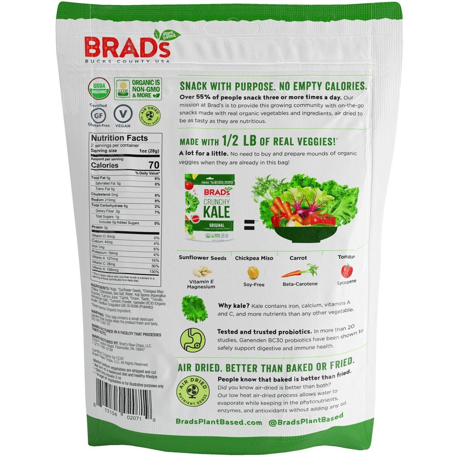 Brad's Plant Based Organic Crunchy Kale, Original Pro, 12Bags, 24 Servings Total