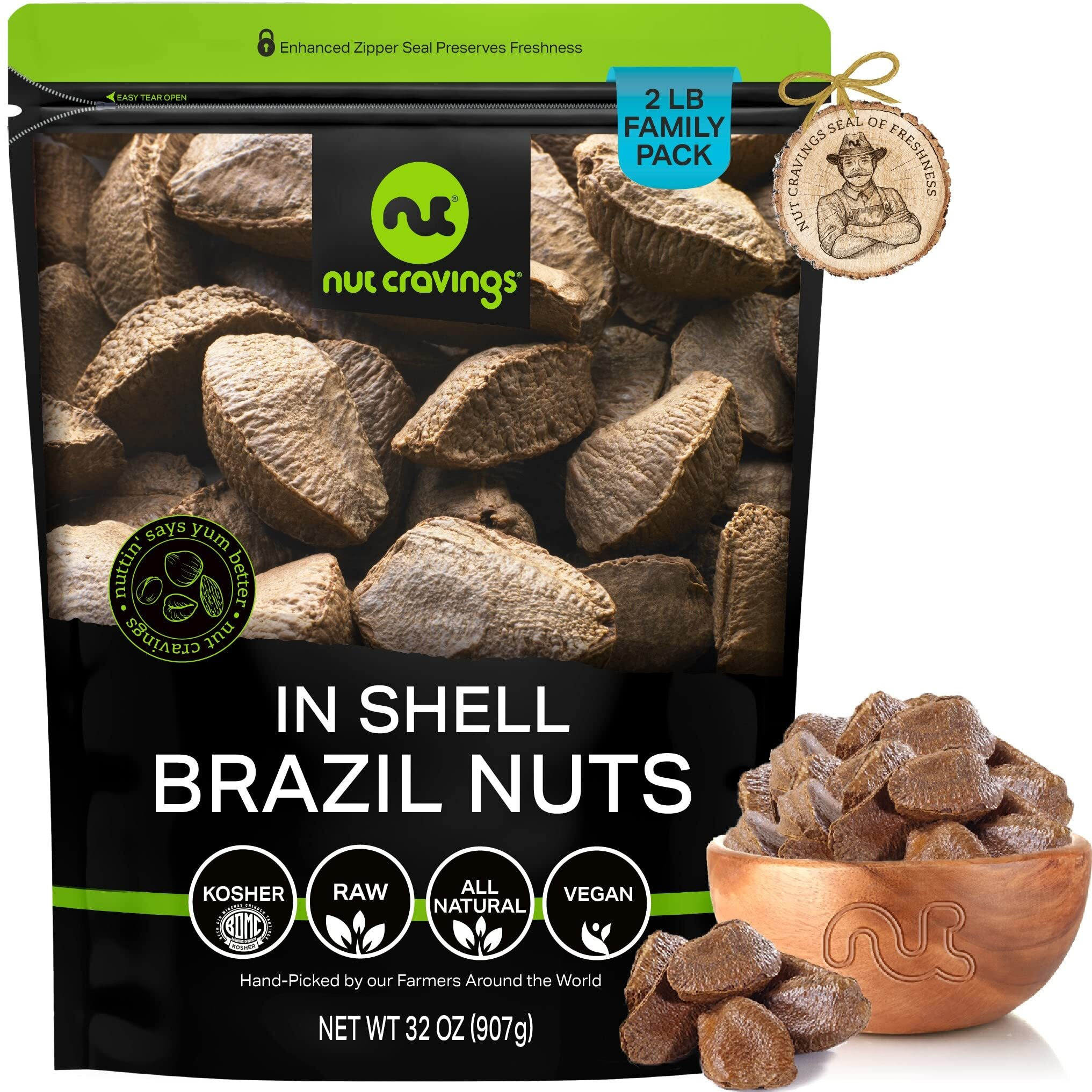 Nut Cravings - Raw Brazil Nuts In Shell - Whole, (32Oz - 2 Lb) Bulk Nuts Packed Fresh In Resealable Bag - Healthy Protein Food Snack, All Natural, Keto, Vegan, Kosher