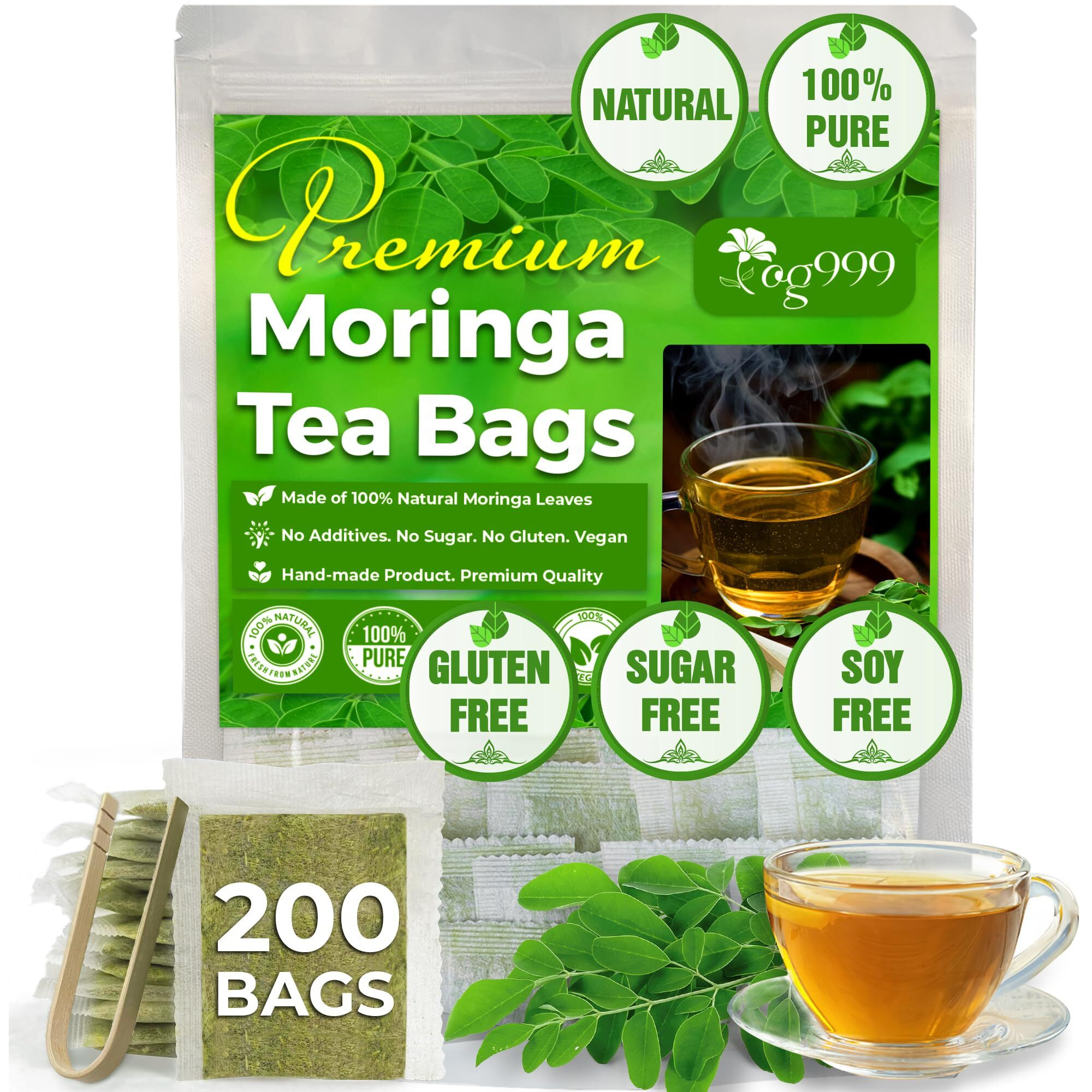 Tog999, Premium 200 Moringa Leaf Tea Bags, 100% Natural & Pure From Moringa Leaves. Loose Leaf Moringa Herbal Tea. Moringa Leaf Tea. No Sugar, No Caffeine, No Gluten, Vegan.