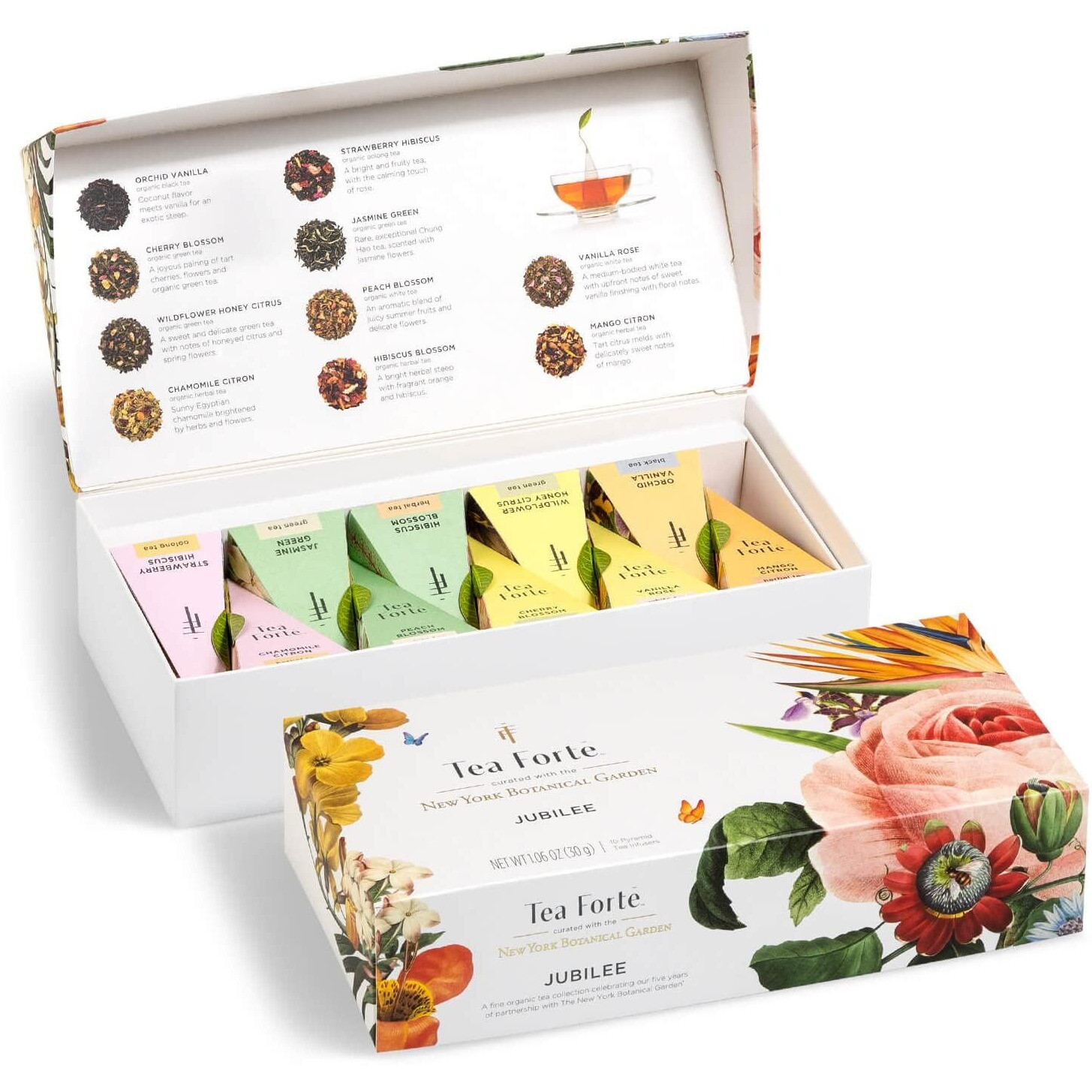 Tea Forte, Jubilee Petite Presentation Sampler Gift Box, Pyramid Infusers With Organic Loose Leaf, Green, Black, White, Herbal Assorted Tea, 1 Count (Pack Of 1)