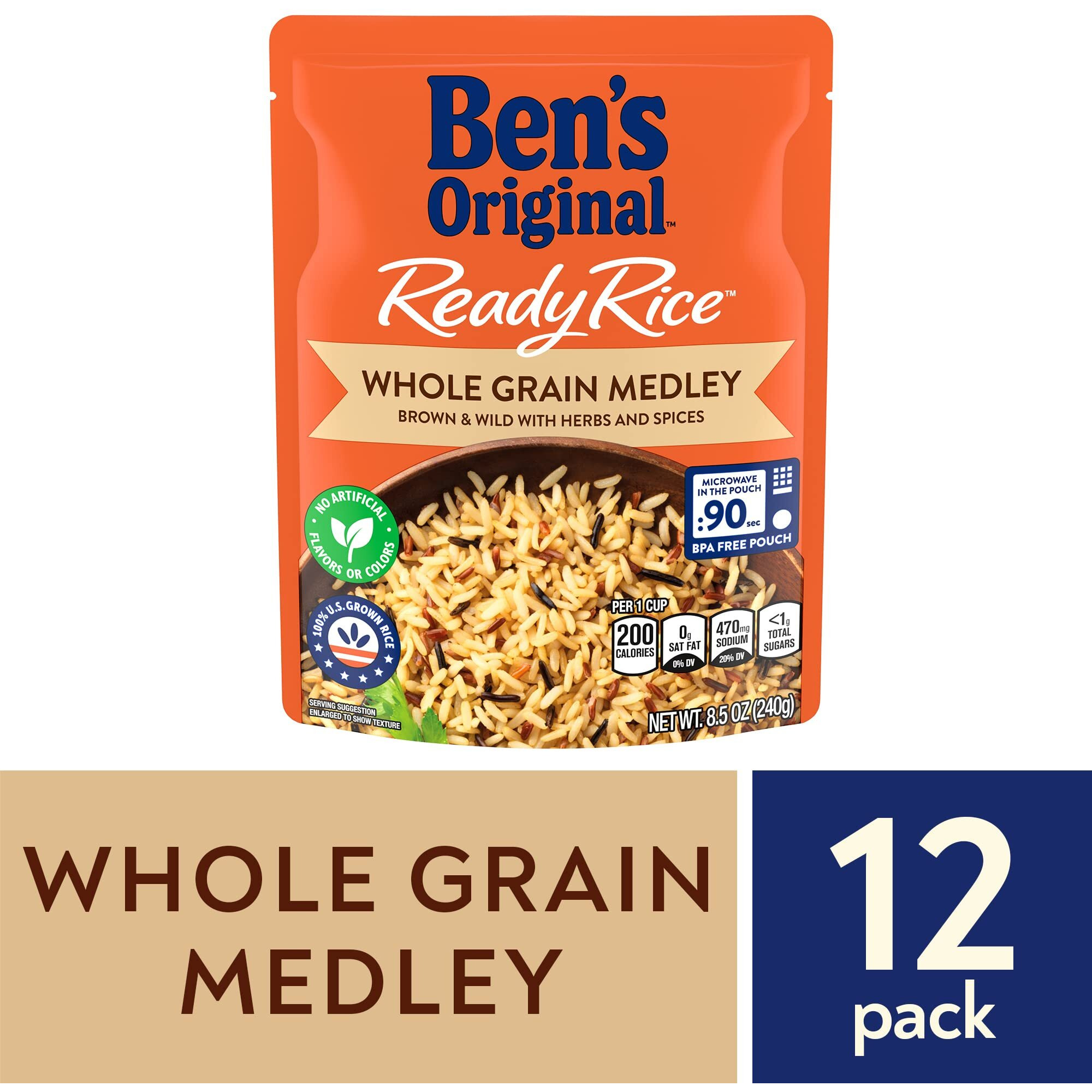 Ben's Original Ready Rice Whole Grain Medley Flavored Rice, Easy Dinner Side, 8.5 Oz Pouch (Pack Of 12)