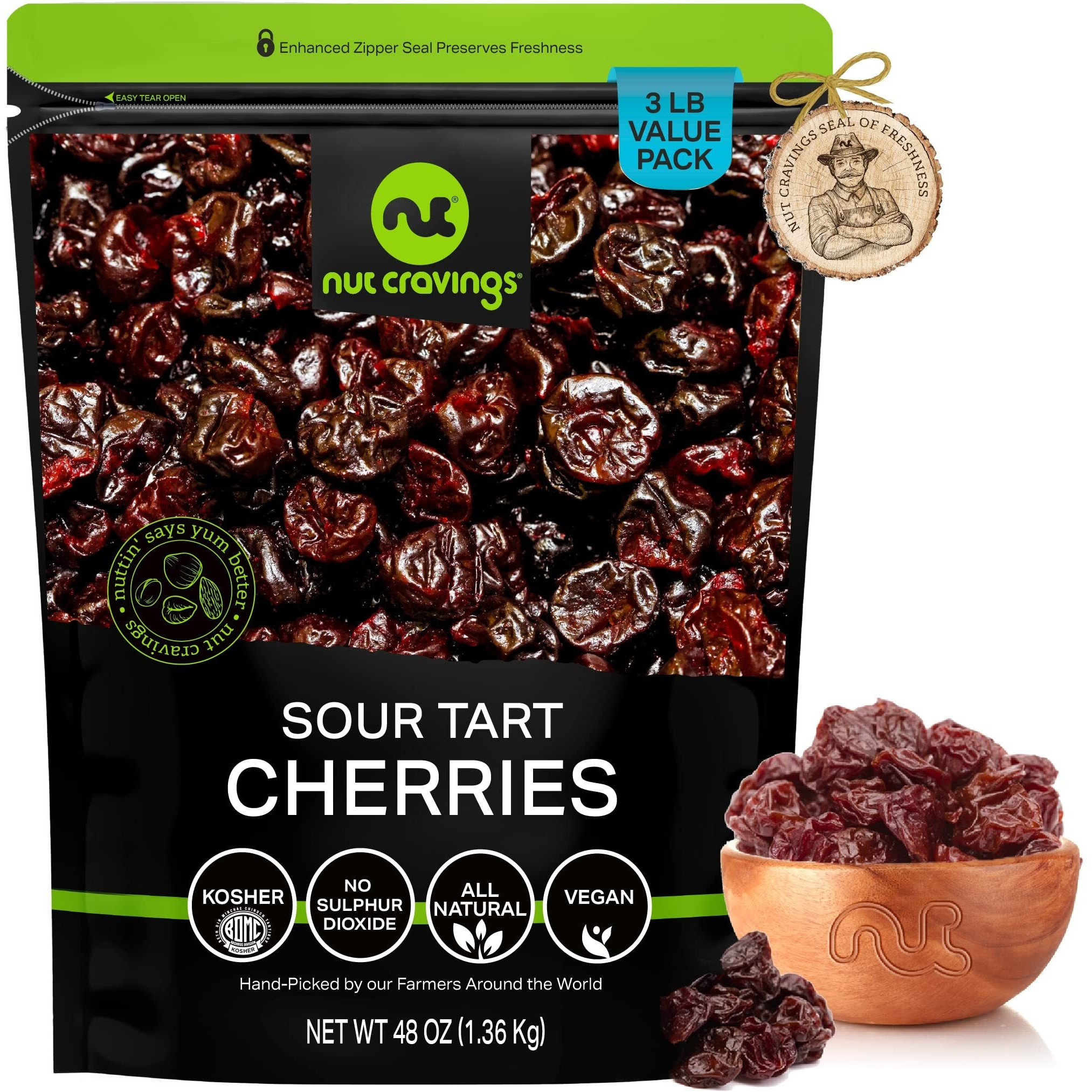 Nut Cravings Dry Fruits - Sun Dried Sour Tart Cherries, Lightly Sweetened (48Oz - 3 Lb) Packed Fresh In Resealable Bag - Sweet Snack, Healthy Food, All Natural, Vegan, Kosher Certified