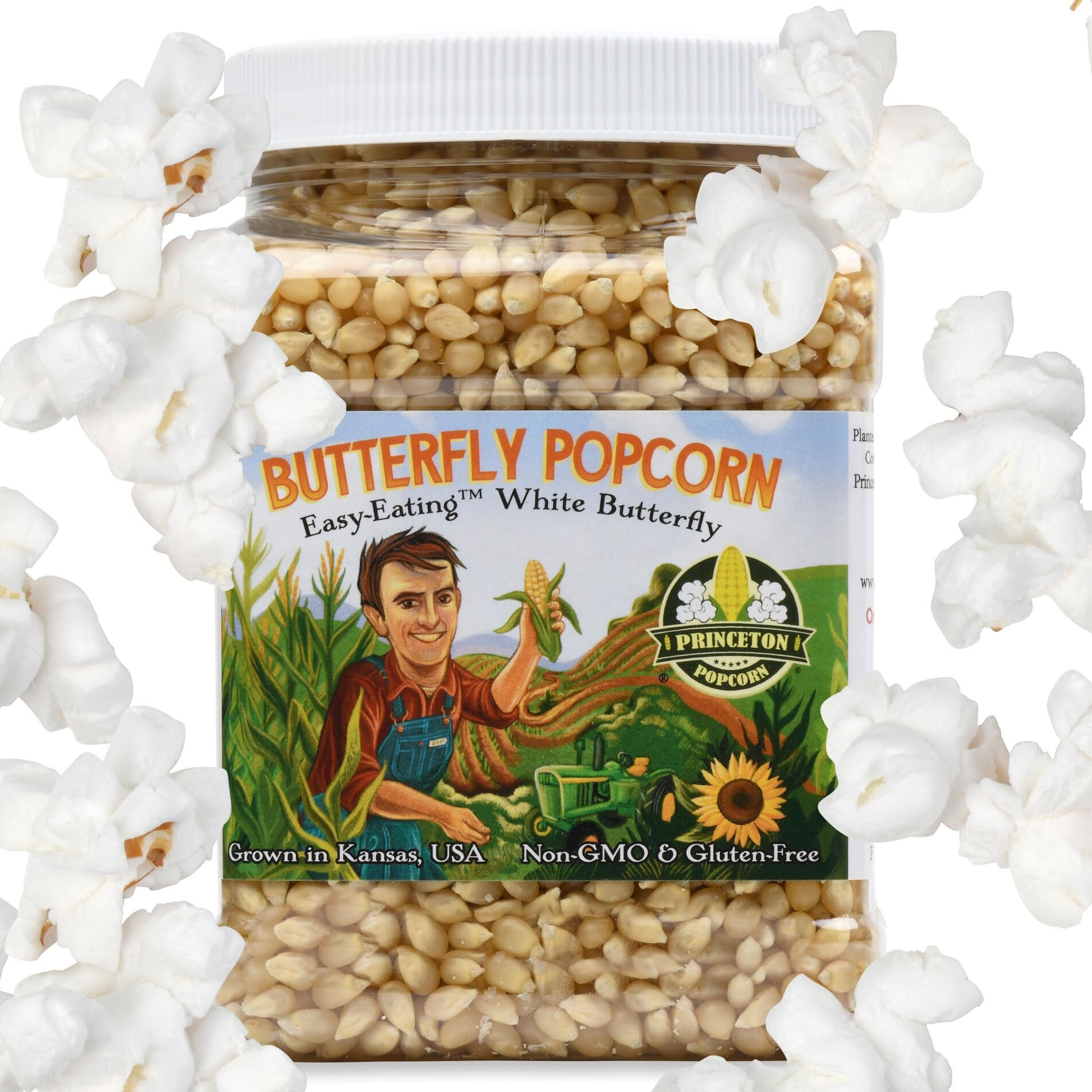 Princeton Popcorn White Butterfly Hulless Popcorn Kernels - Easy-Eating, Baby Small Tender Popping Corn, Non-Gmo Popcorn Kernels, No Hulls, No Roundup, Direct From Farmer, Microwave Air Popper Or Stovetop 32Oz Jar
