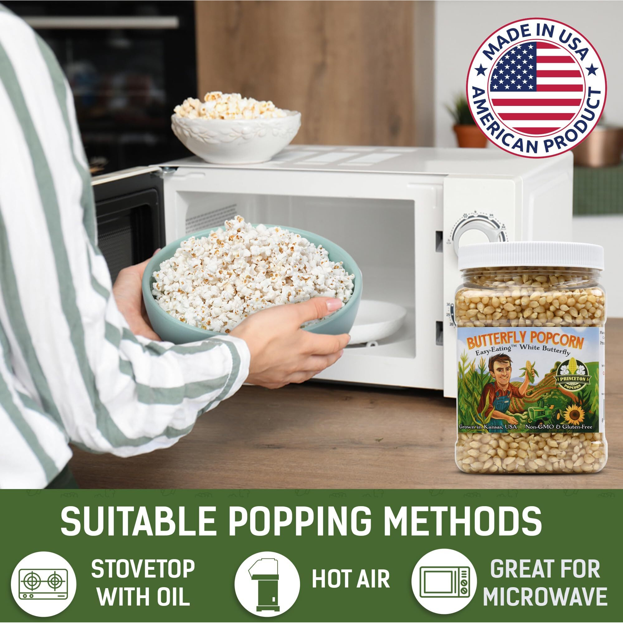 Princeton Popcorn White Butterfly Hulless Popcorn Kernels - Easy-Eating, Baby Small Tender Popping Corn, Non-Gmo Popcorn Kernels, No Hulls, No Roundup, Direct From Farmer, Microwave Air Popper Or Stovetop 32Oz Jar