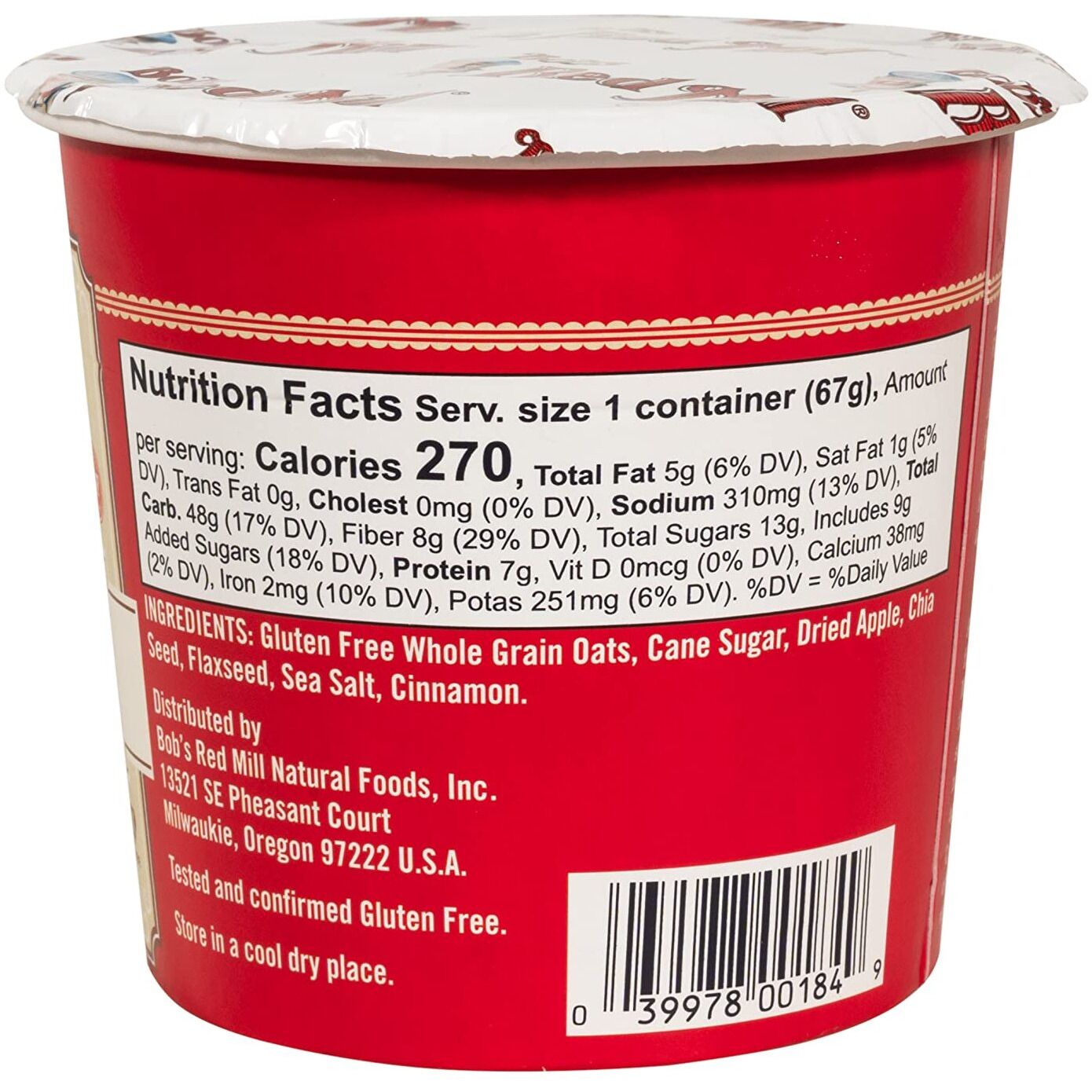 Bob's Red Mill Gf Oatmeal Cup, Apple & Cinnamon, 2.36 Ounce Cup (Pack Of 8), Gluten Free, Non-Gmo, Whole Grain, Kosher