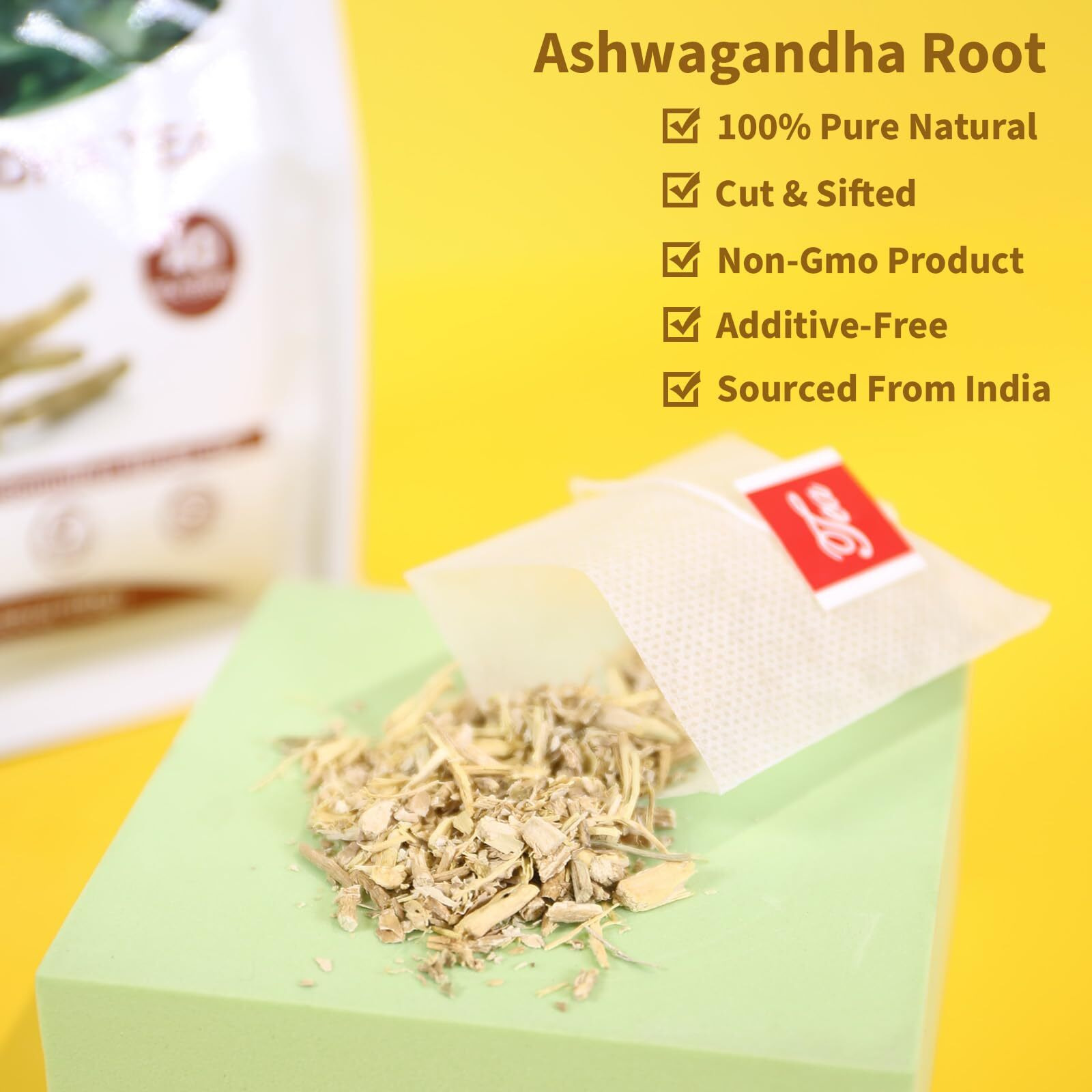 Tearelae - Ashwagandha Tea Bags - 2.5G X 40 Count - Sourced From India - Premium Natural Cut & Sifted Pure Indian Ginseng Root - Non-Gmo - Caffeine-Free - Rich In Antioxidants & Boost Energy
