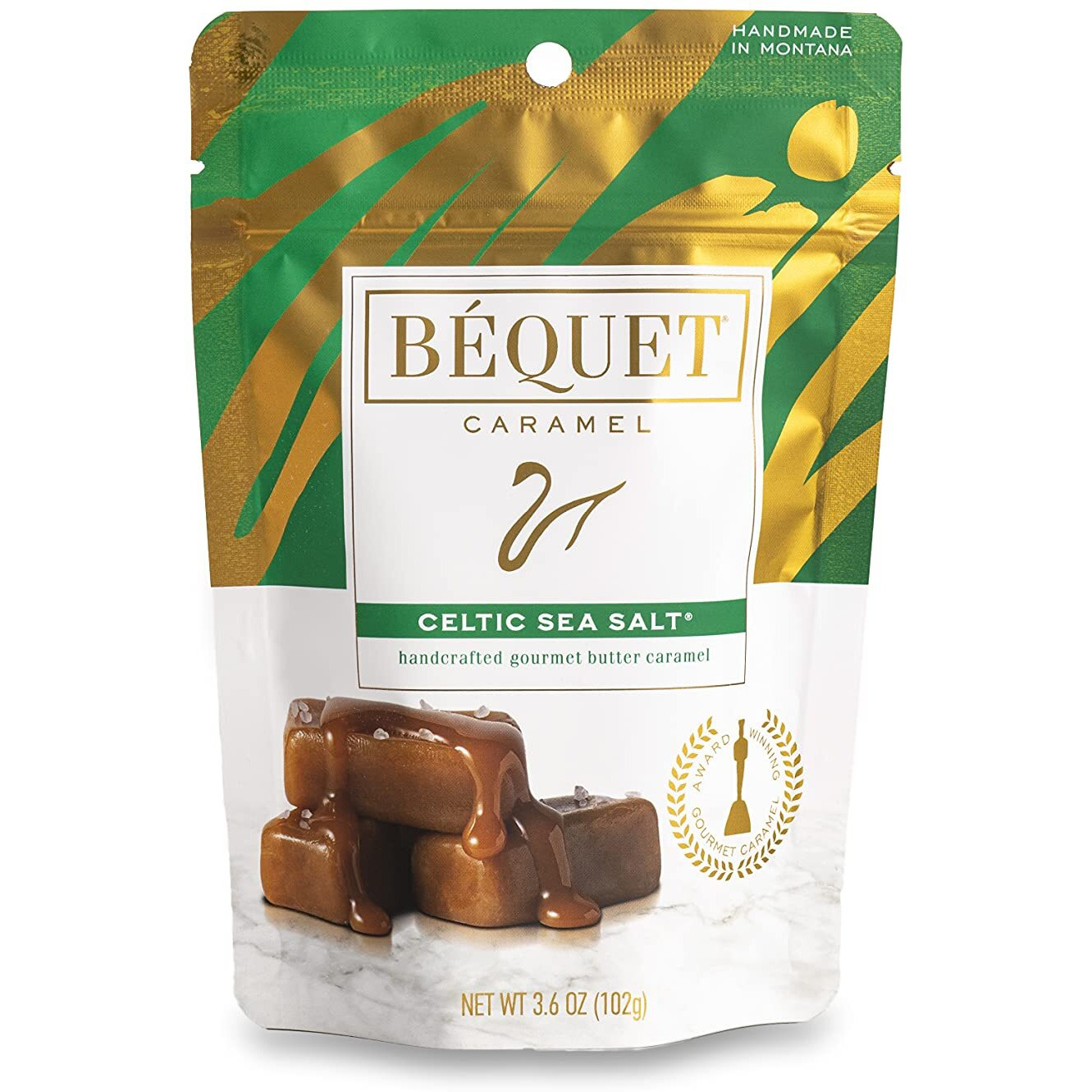 B  Quet Caramel - Celtic Sea Salt Caramel - Gourmet Caramel Candy - Salted Caramel Candy Individually Wrapped - Made In Montana - Kosher (Star D) And Gluten Free - Three 3.6 Ounce Pouches